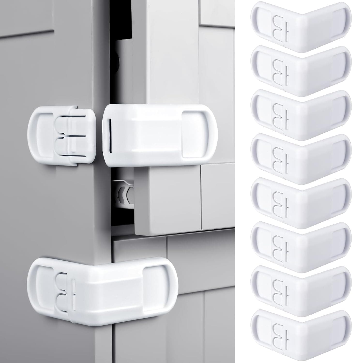 ALMEKAQUZ 8Pcs Children's Safety Cabinet Lock, Child Proof Lock for Cabinets, Drawers, Refrigerators, Trash Cans, Child Safety Oven Adhesive Locks, Adhesive Pads Easy InstallationNo Drilling(White)