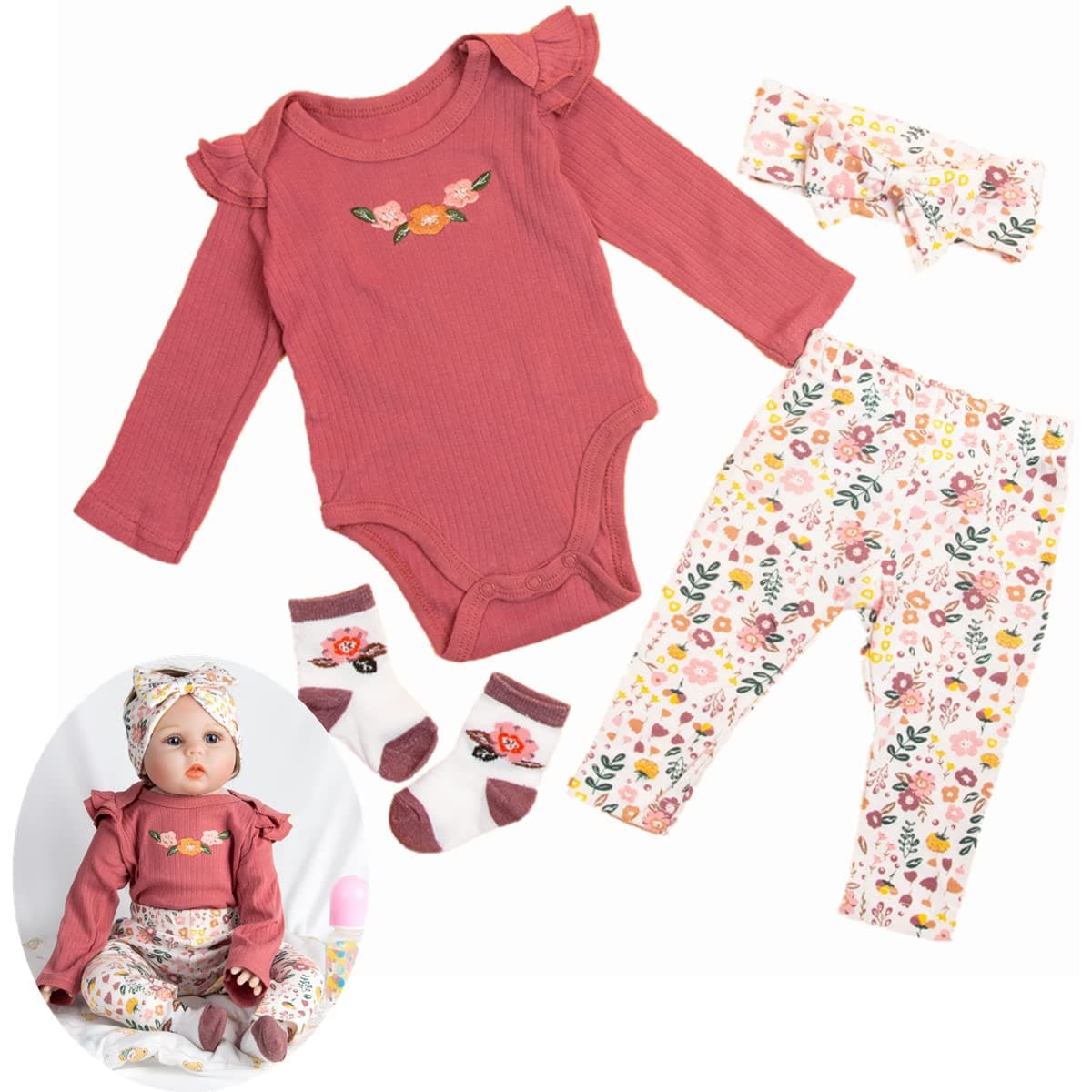 Reborn Baby Dolls Toddler 24inch Clothes Red for 20-24 inch Reborn Dolls | 24 inches Baby Doll Clothes Flower 4 Pcs Set,Elastic fabric,Soft Skin-friendly, Pretend Play Set Indoor Outdoor Gift Giving