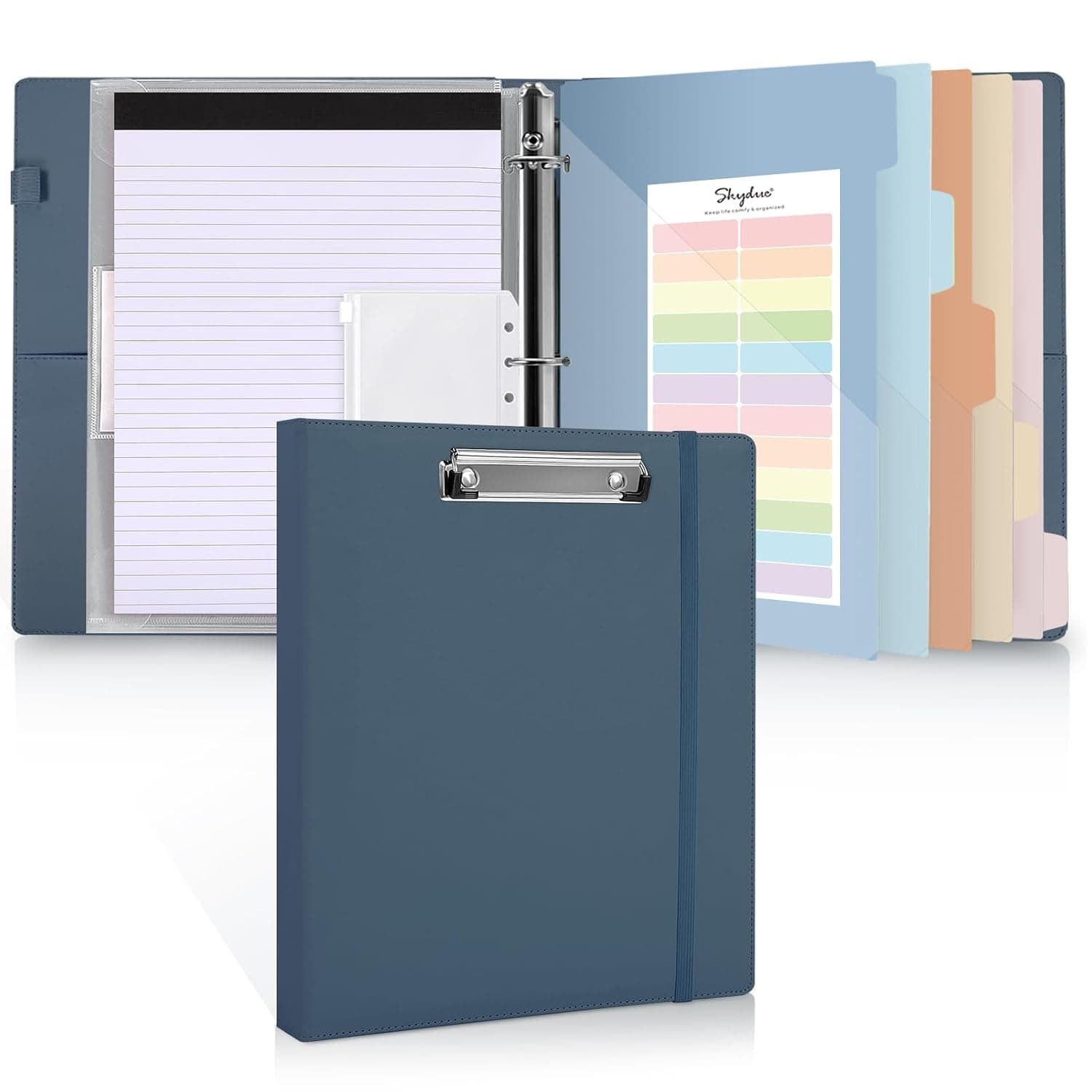 SKYDUE 3 Ring Binder with Clipboard,1 Inch Binder, 13.2" × 10.2" PU Clipboard Binder with Notepad & 5 Dividers with 10 Pockets, Labels, Clipboard Folder Great for School Office(Fit Letter Sized Paper)