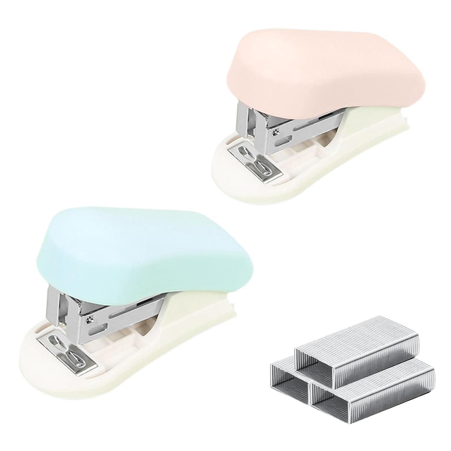 Mini Desktop Stapler Set, Compact Manual Paper Fastener with ABS and Stainless Steel Core, Ergonomic Grip for Office School Home Travel, Blue Pink, 2Pcs