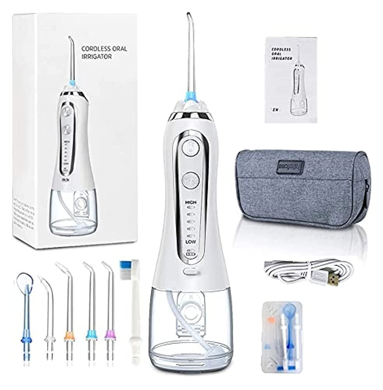 h2ofloss Water Flosser Cordless Oral Irrigator Portable Rechargeable Dental Flossers with 5 Modes & 6 Tips Water Flossing with 300ML Water Tank for Home and Travel, Braces & Bridges Care (White)