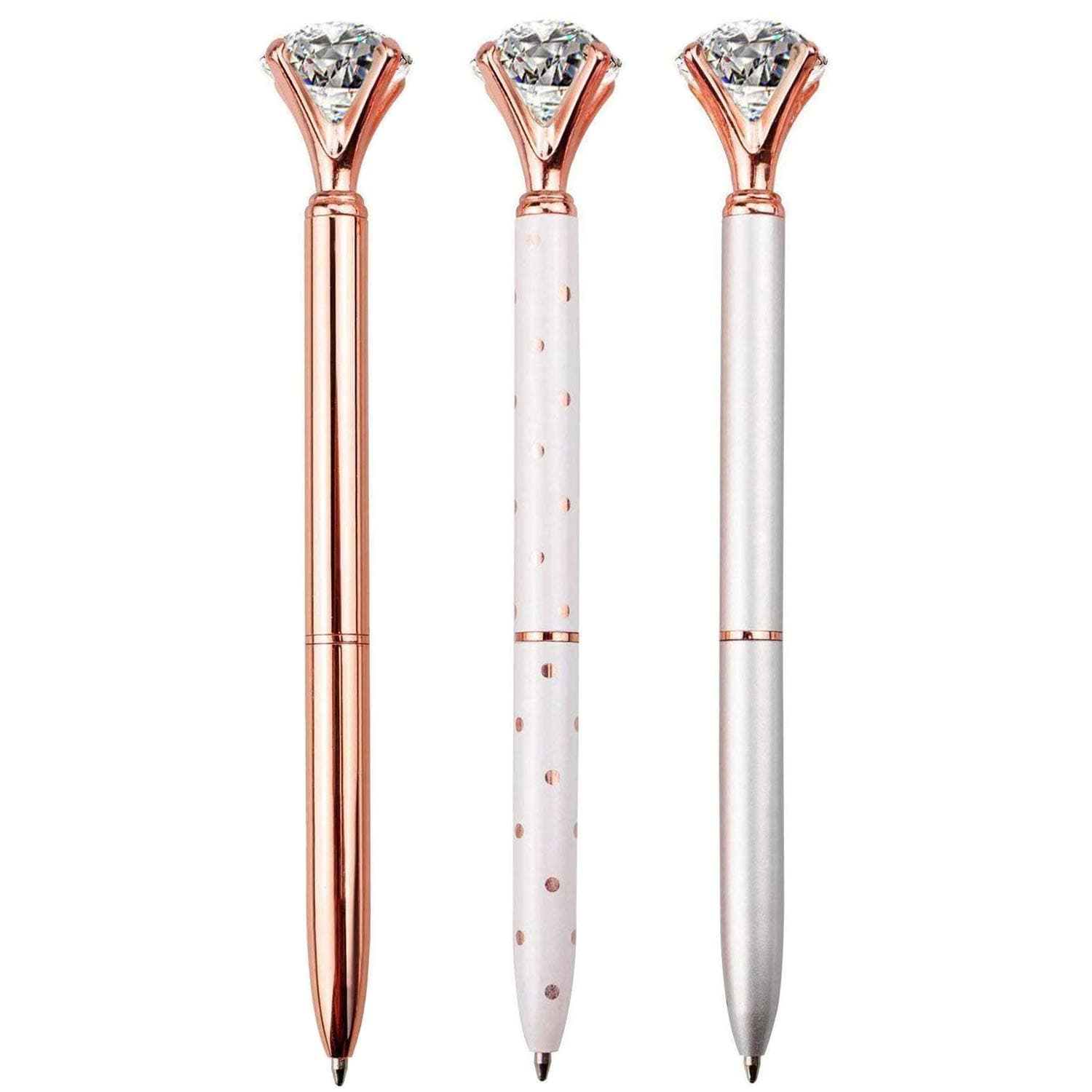 LONGKEY Diamond Pens Large Crystal Diamond Ballpoint Pen Bling Metal Ballpoint Pen Office and School, Silver/White Rose Polka Dot/Rose Gold, Including 3Pen Refills. 6 Count (Pack of 1)