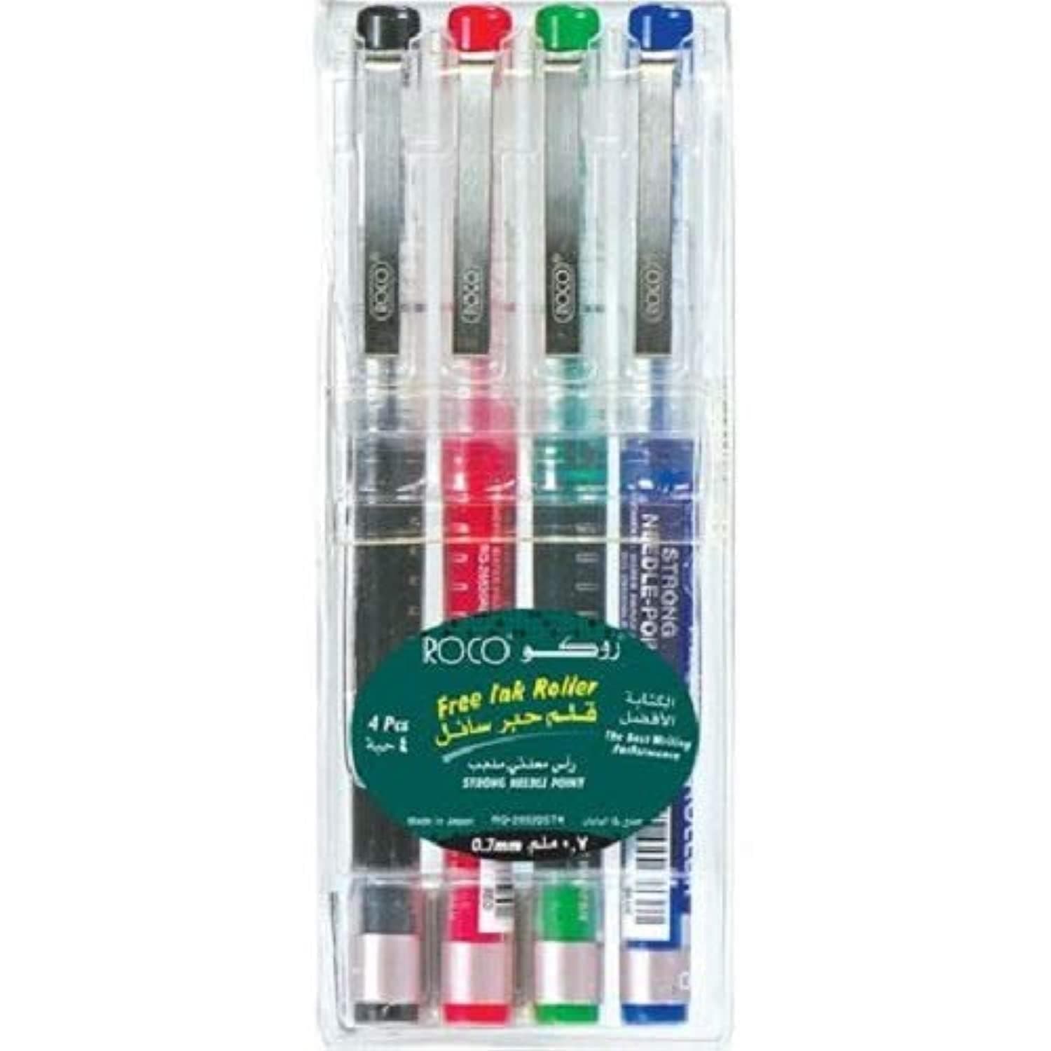 Roco Free Ink Roller Needle Tip Liquid Ink Pen 4-Piece Set, 0.7 mm Point Size, Assorted, Multicolor