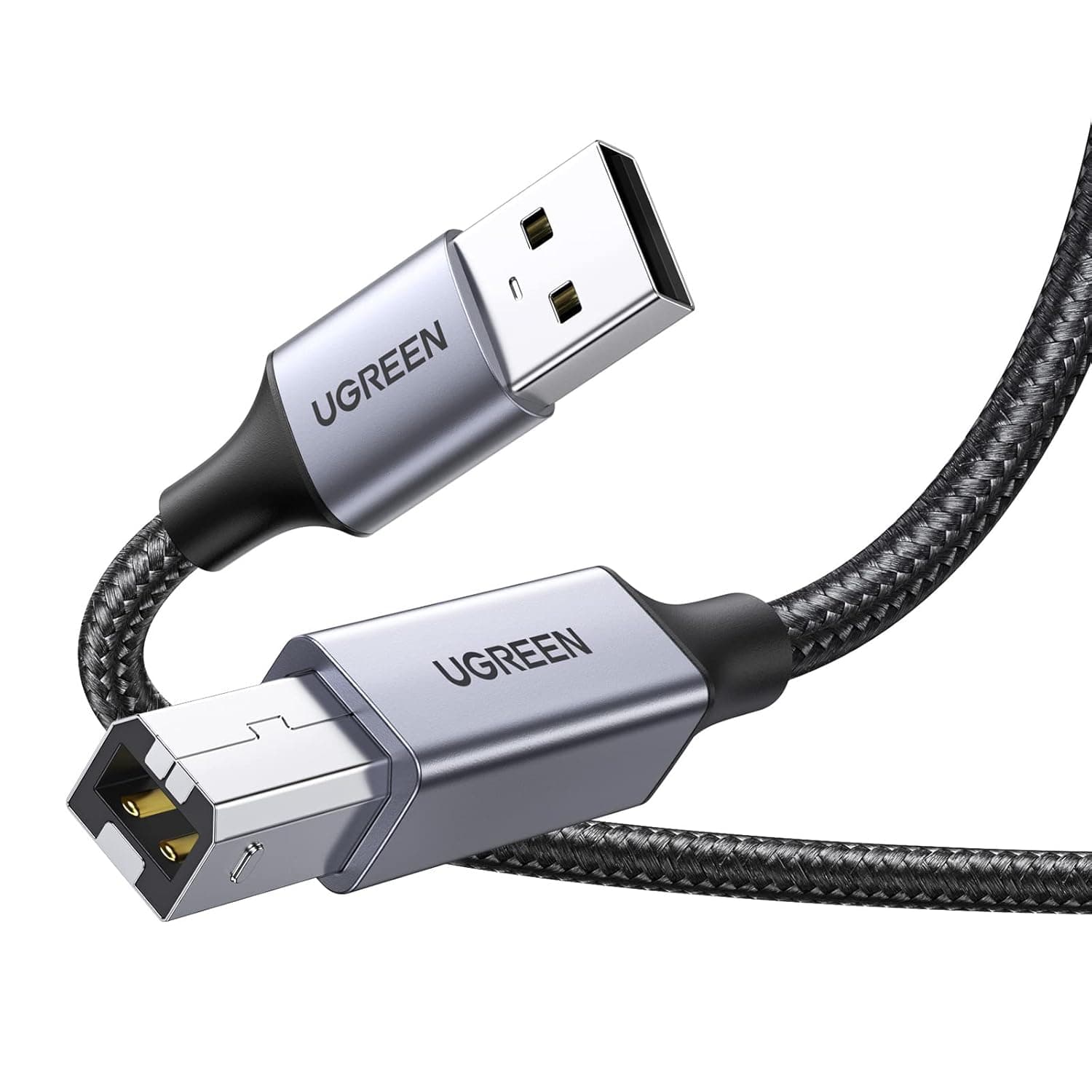يوجرين كيبل طابعة مضفر USB 2.0 A الى B ذكر متوافق مع طابعات USB نوع B والماسحات الضوئية ابسون واتش بي ديسك جيت/انفي وكانون وليكسمارك وسامسونج وديل وبيانو رقمي بطول 2 متر