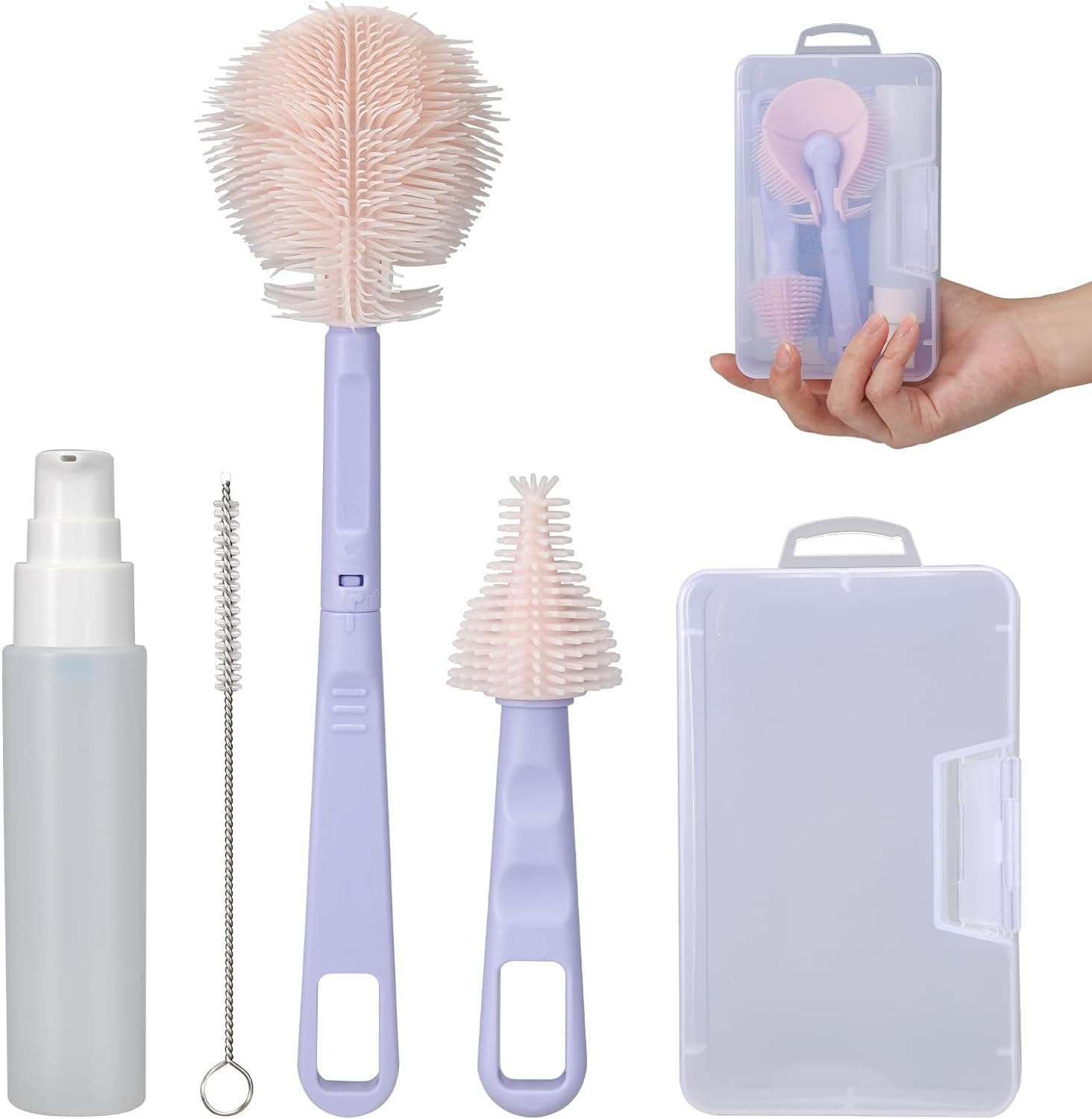 Baby Bottle Brush, Portable Travel Bottle Cleaner Kit, Silicone Baby Bottle Cleaner Brush Set with Baby Bottle Brush for Cleaning Nipple Brush, Straw Cleaner, Bottle Soap Dispenser (Purple)