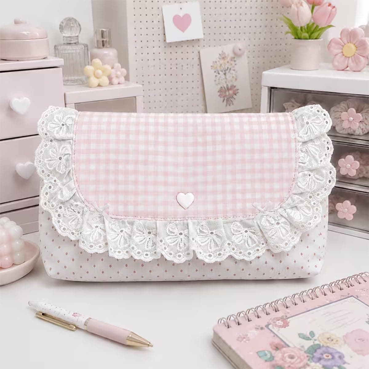 1Pc Cosmetic Pouch Pencil Case Lace Flap Pink Plaid Pattern Makeup Organizer Travel Campus Daily