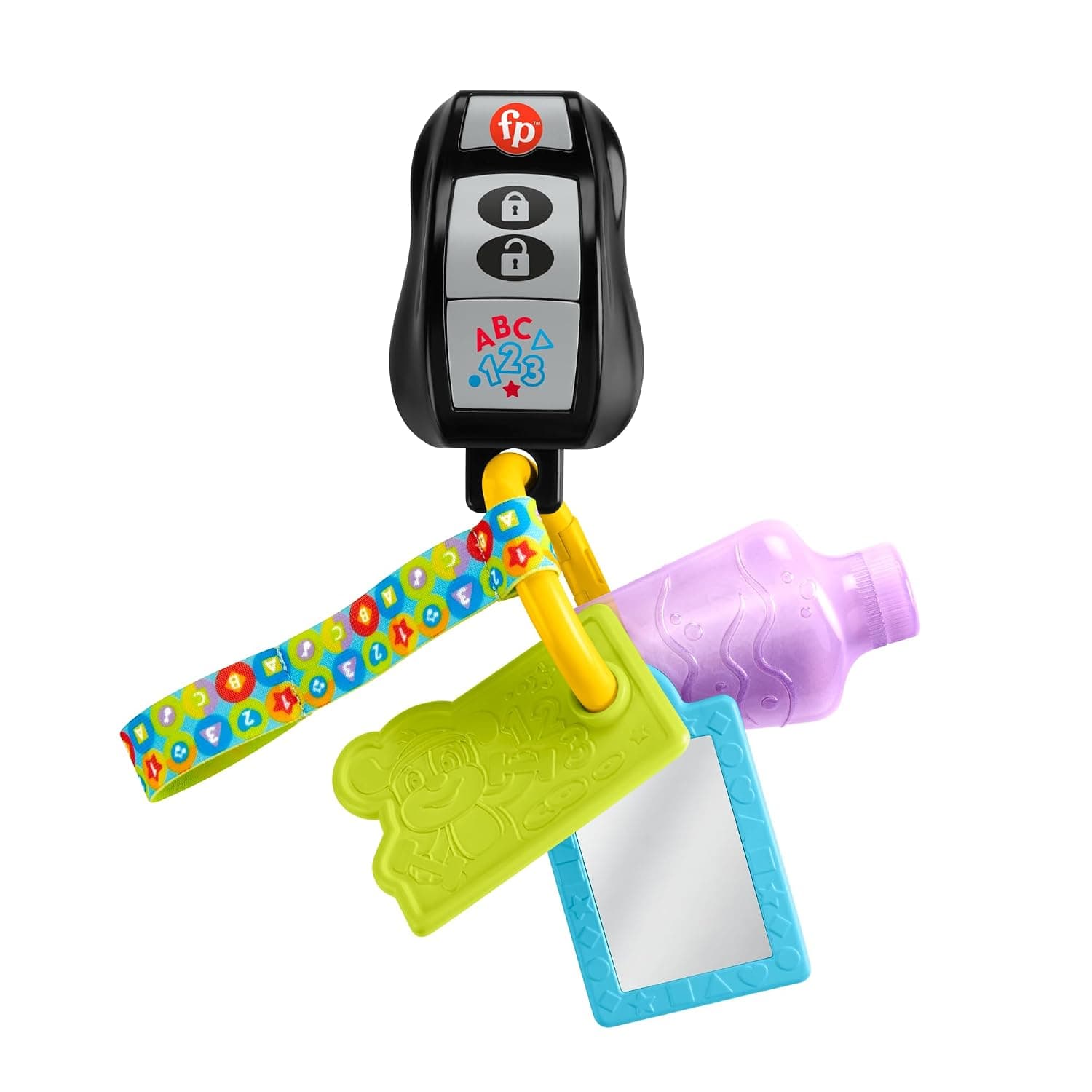 FISHER-PRICE Learning Fun Activity Key - Fabric Loop with 4 Travel Toys, for Infants and Toddlers from 6 Months to 3 Years, German Version, HXF50