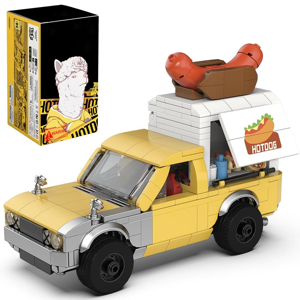 Hot Dog Cart Building Blocks Set, 500 PCS 1:32 Scale Exquisite Brick Vehicle Model, Adult Collectible Construction Kit, Creative Assembly Gift with Detachable Display Container