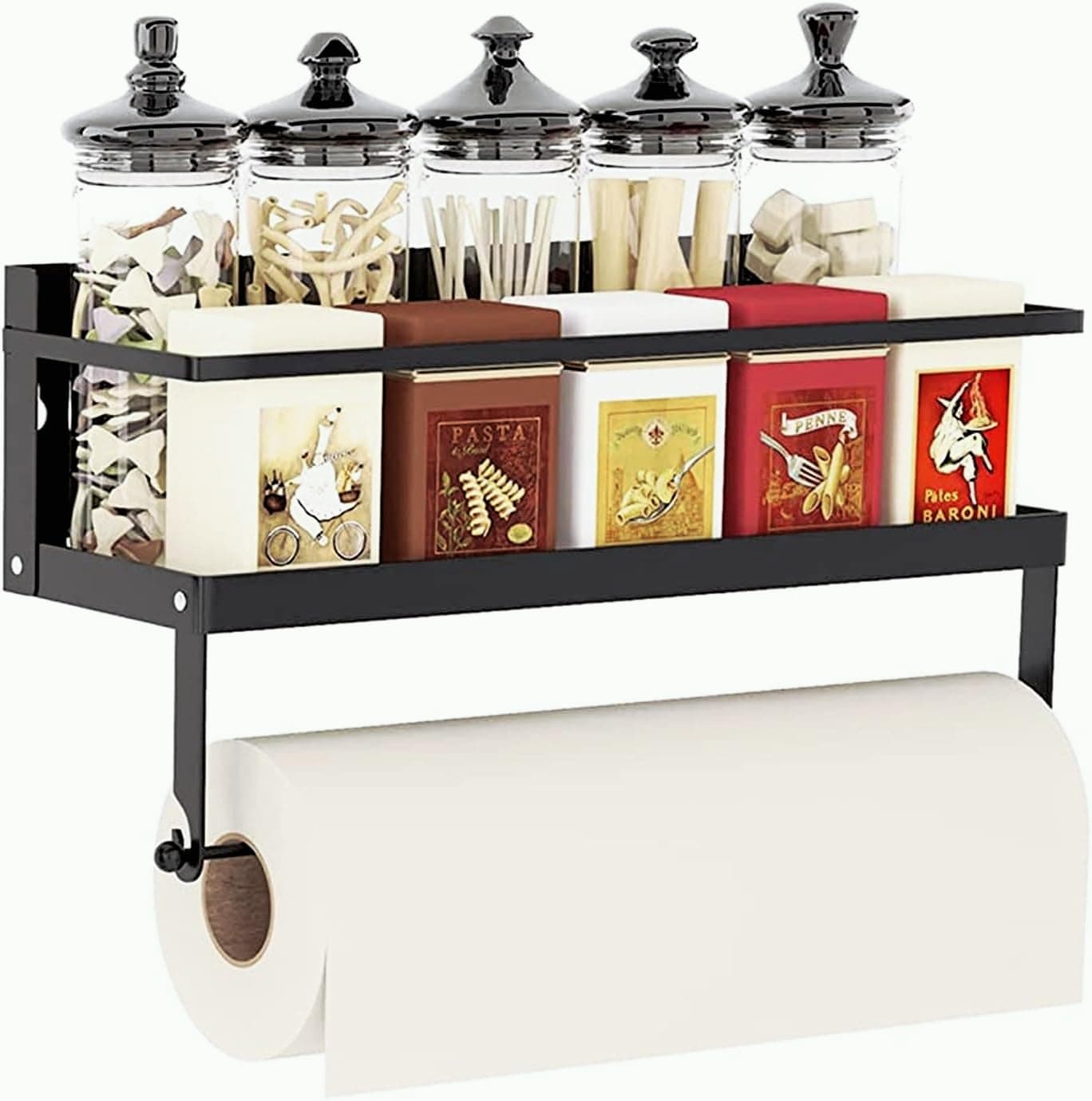 رف توابل من مايكيلا مغناطيسي حامل قابل للطي منظم يثبت على الحائط معلق مع مناشف ورقية لفة وخطاف معدني، أسود