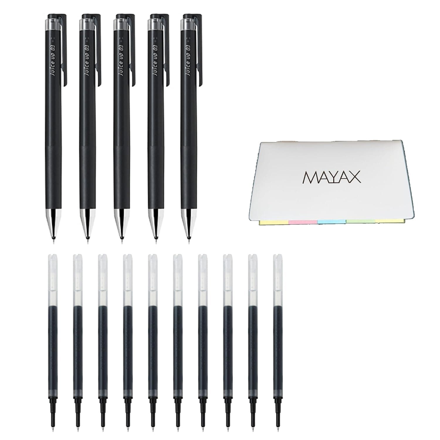 MAYAX Pilot juice up 04 Retractable Gel Ink Pen Ultra Fine Point, Black Ink, 5 Pens & 10 Refills, Original Sticky Notes (0.4mm)