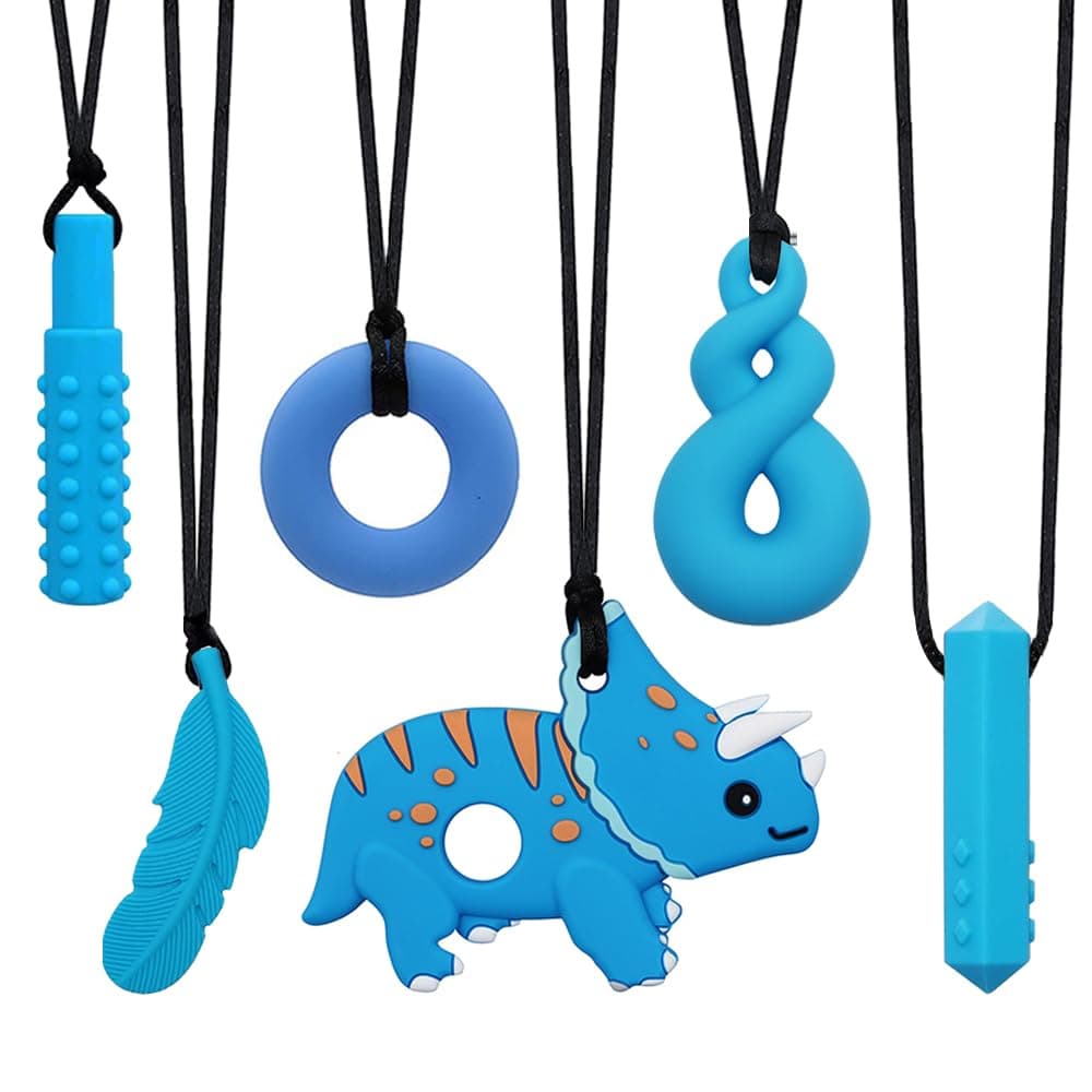 Chew Necklace for Sensory Kids, Boys and Girls - Silicone Dinosaur Chewable Necklace for Autism, Biting, Teething, ADHD, SPD - Chewy Oral Motor Chewing Pendant - Teether Toy Necklace for Baby (Blue)