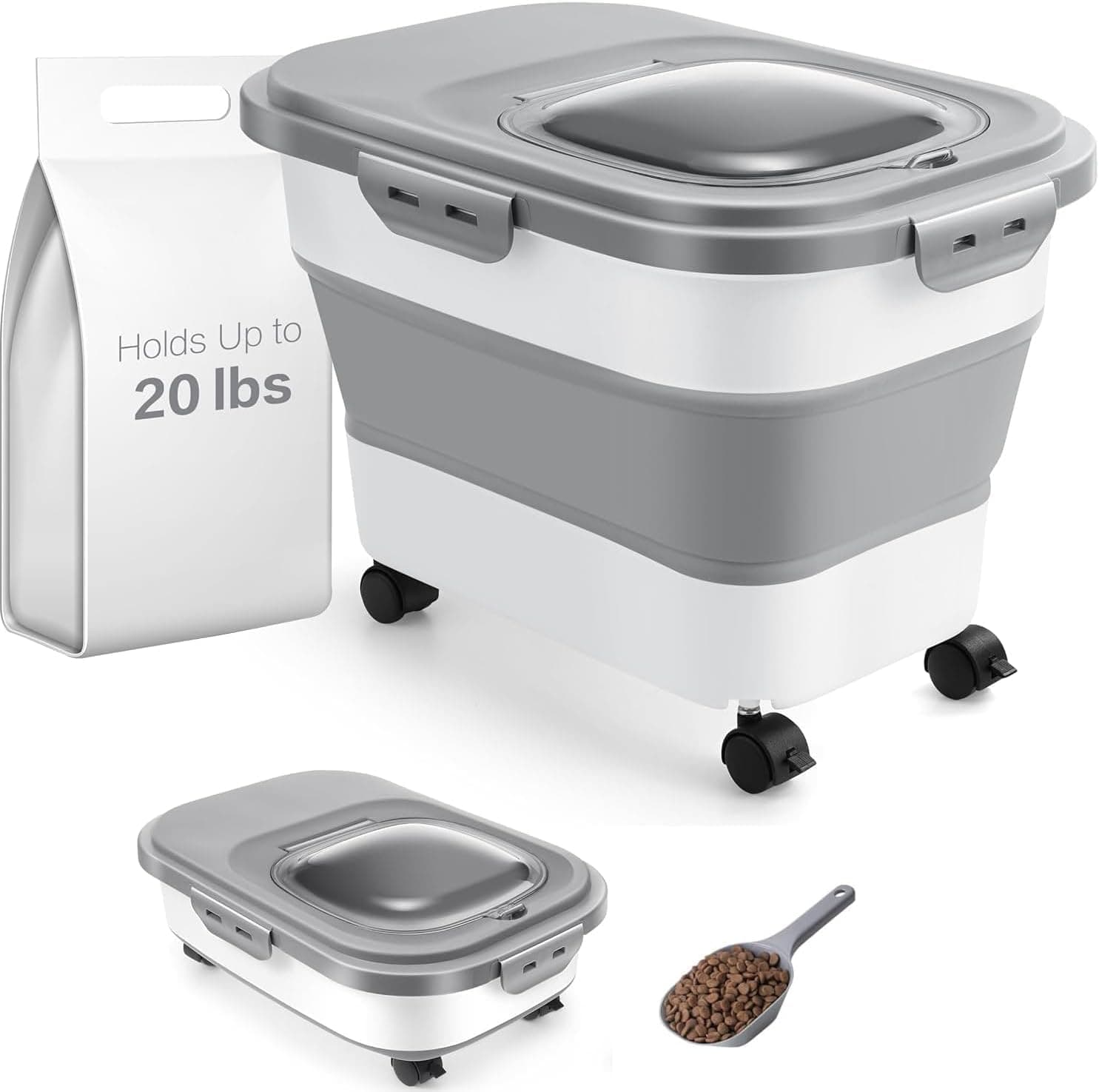 PortablePortable Pet Food Container, 20-23L Collapsible Premium Airtight Pet Food Container with Attachable Casters Wheels, Food Storage Container for Dog, Cat Food Storage, Seed Storage