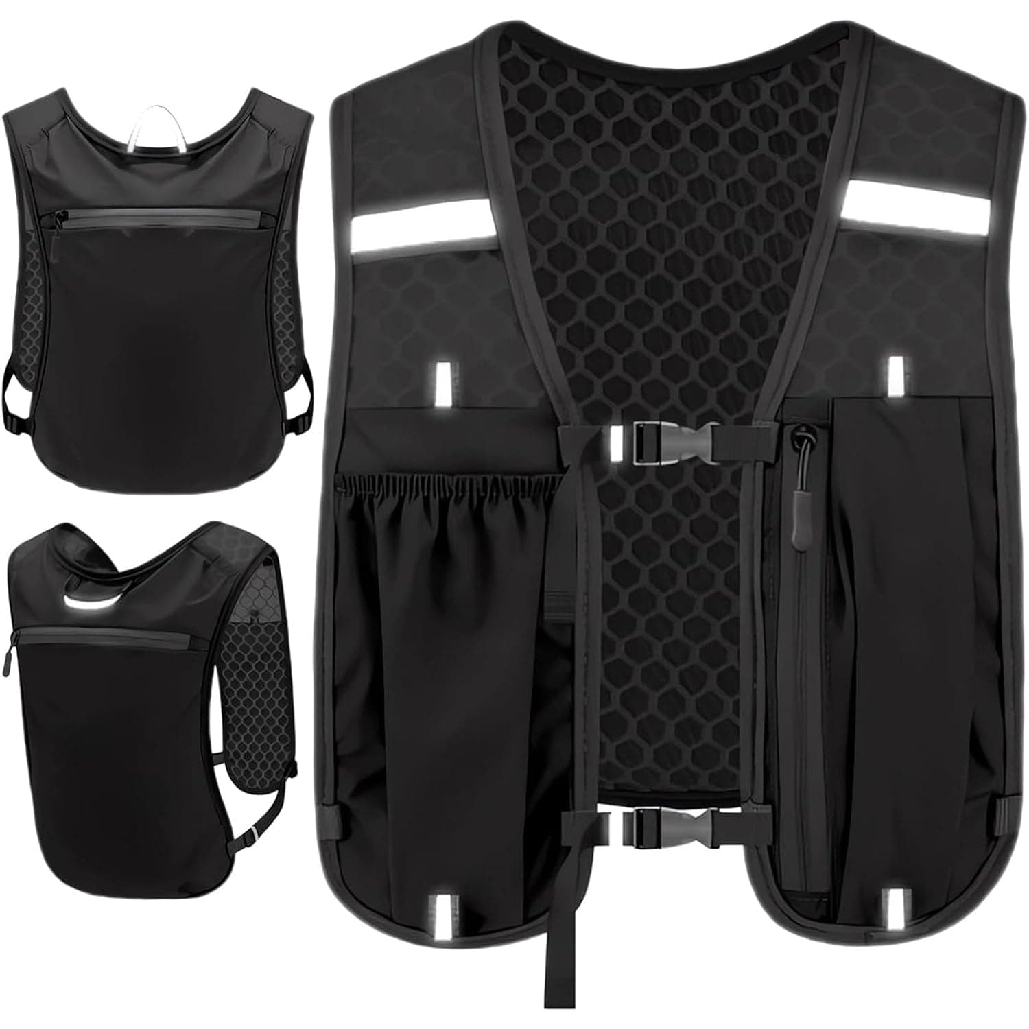 Running Vest for Men Women, Adjustable Reflective Hydration Vest with Phone Holder & Storage Lightweight & Breathable Running Backpack for Trail Running Marathon Race Jogging Cycling, Black