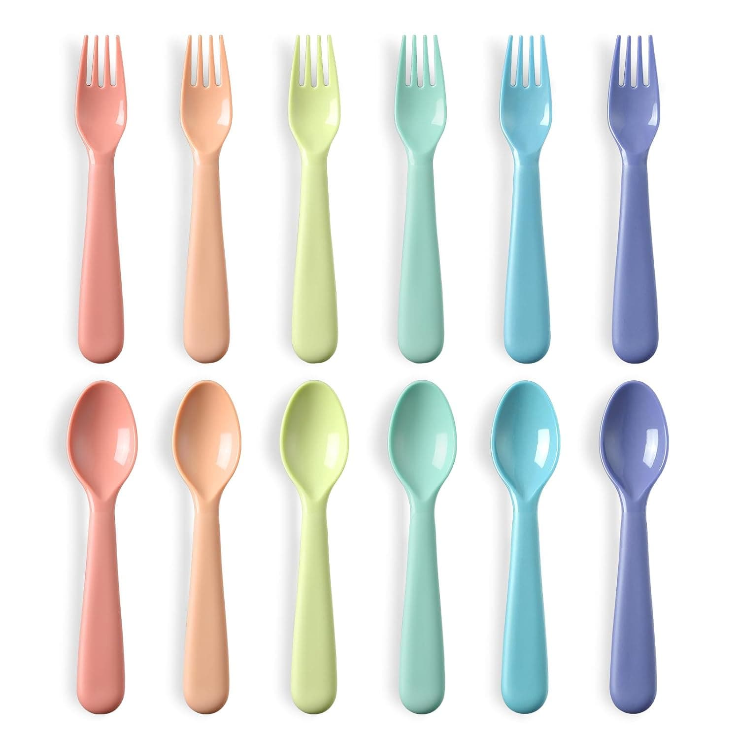 12 Pieces Toddler Utensils Set, Plastic Spoons and Forks Set for Kids, Children Safe Flatware, Dishwasher Safe, Plastic Reusable Cutlery, BPA Free, Macaron color