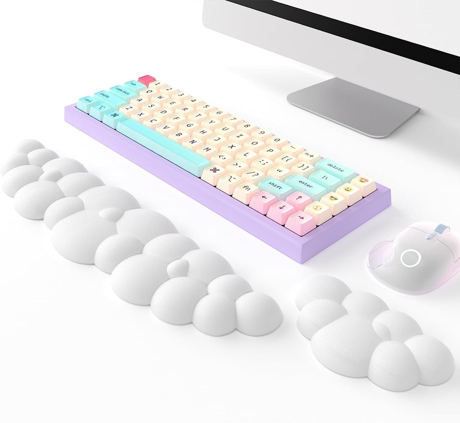 Keyboard Cloud Wrist Rest 2 Piece Set, High Density Memory Foam Keyboard Palm Rest, Ergonomic Keyboard Wrist Rest, Pain Relief, Office, Computer, Laptop, Gaming, Mouse Pad Rest (White)