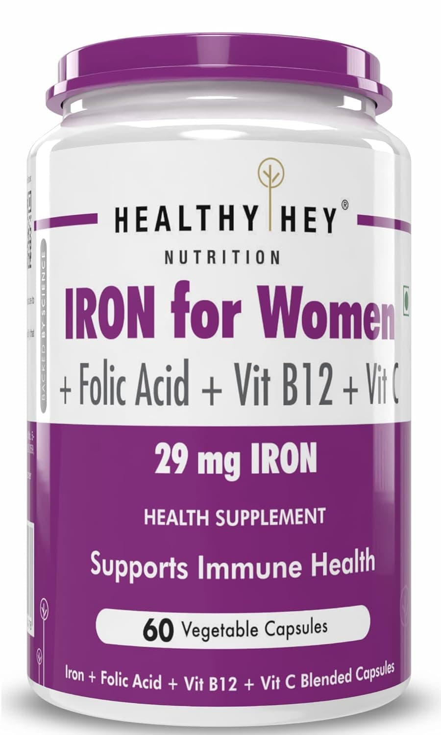 HealthyHey Iron Supplement for Women -100% Chelated - With Vitamin B12, Folic Acid & Vitamin C for High Absorption (60 Veg Capsules)
