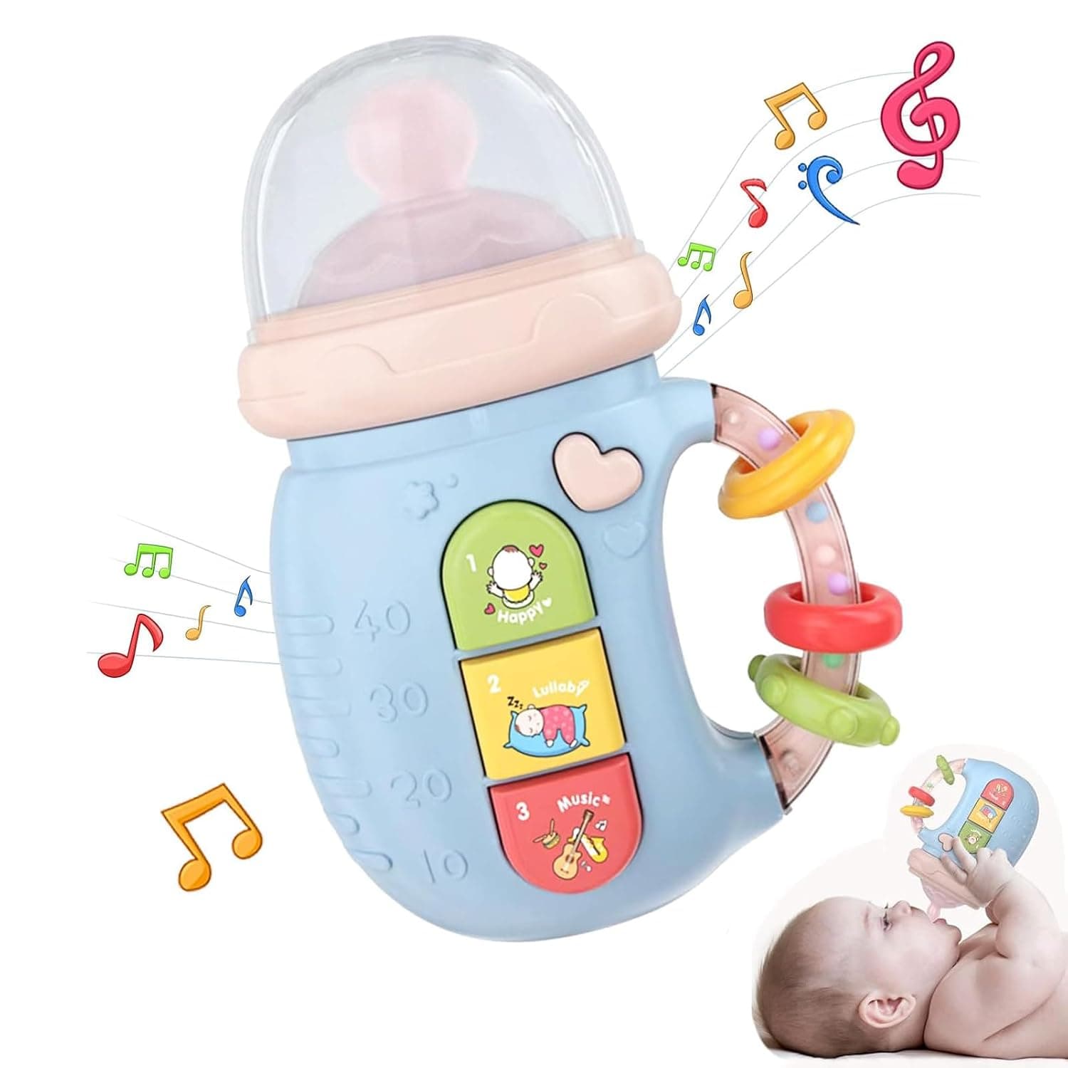 Tazweeq Baby Toys, 4 In 1 Baby Teether Toys, BPA Free Infant Teething Toys, Early Learning Educational Infant Toys for Baby Girls Boys, Cute Baby Bottle Light Up Music Baby Toys, A Great Gift (Blue)