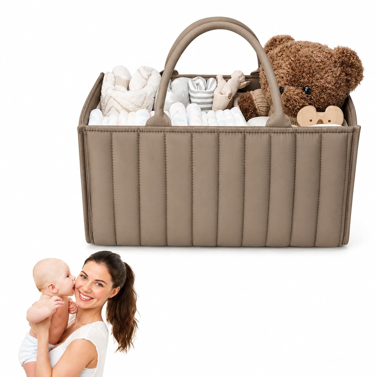 Nappy Caddy - Diaper Caddy Organiser, Stylish Baby Changing Basket with Removable Divider, Newborn Essentials, 15x10x7 Nursery Storage Bag for Mum to Be, Baby Shower Gifts (khaki