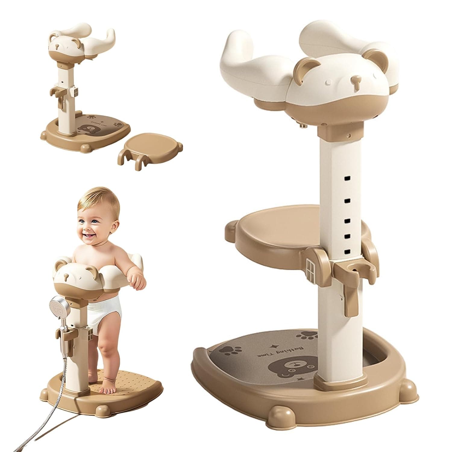 Baby Bath Stand - Adjustable Toddler Shower Support Helper with Smart Water Flow Hug Tower, Non-Slip Bath Seat & Standing Station for Newborn Infant to Toddler