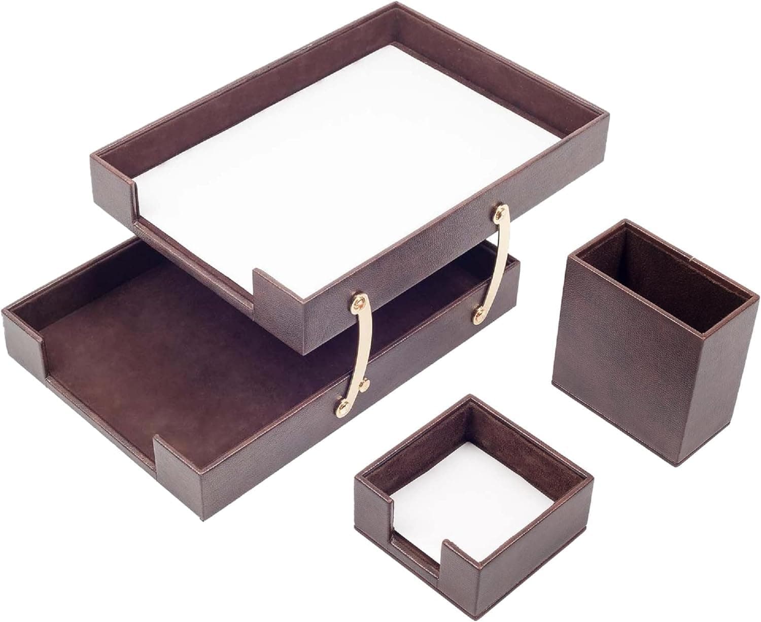 MOOG Brown Leather Desk Set - Pad, Note Paper Holder, Pen Holder, Coaster, Accessories, Organizer - Office Desktop Storage, Brown (3C)