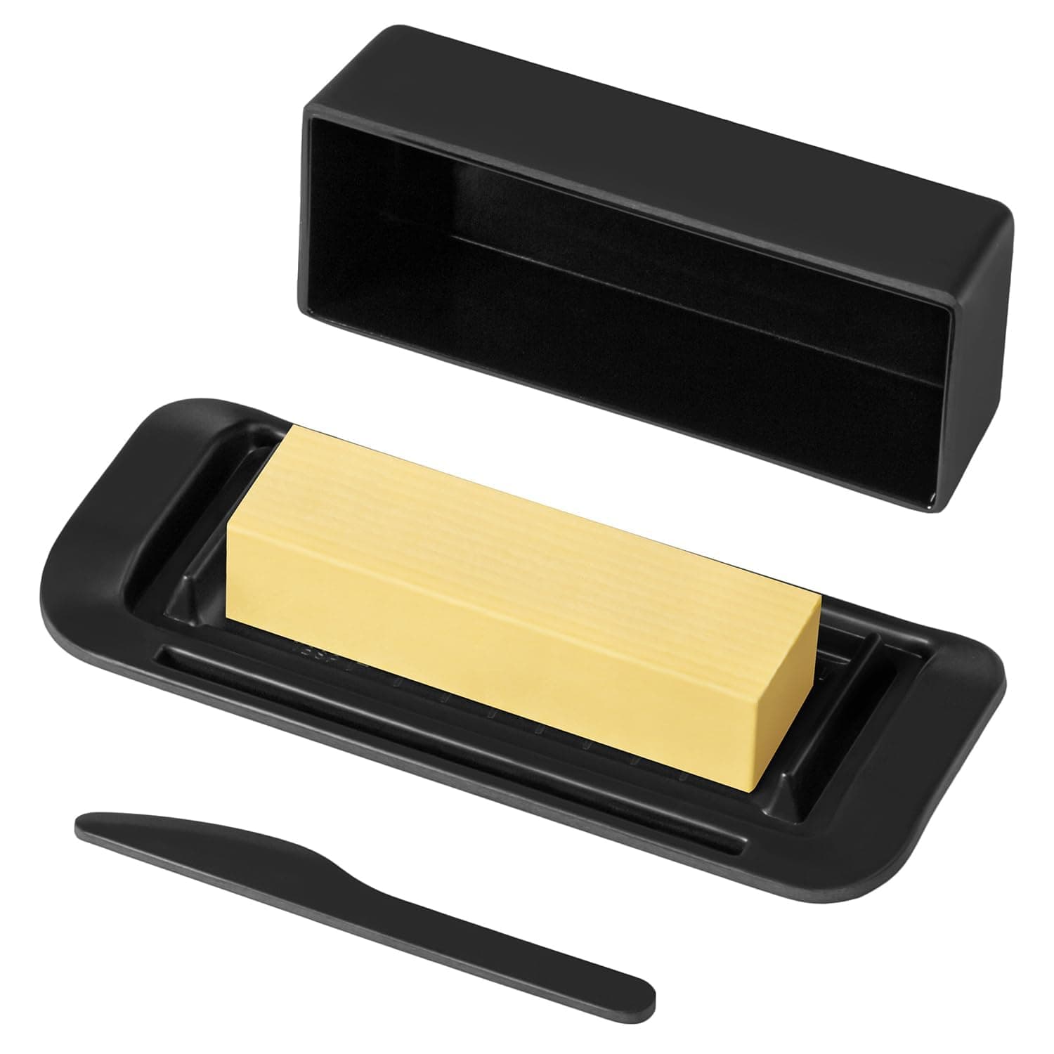 Butter Dish with Lid for Countertop, Butter Dish with Knife, Butter Keeper for Kitchen or Fridge, Bamboo Fiber Butter Tray, Butter Holder for 1 Stick Butter, BPA-free, Dishwasher Safe(Black)