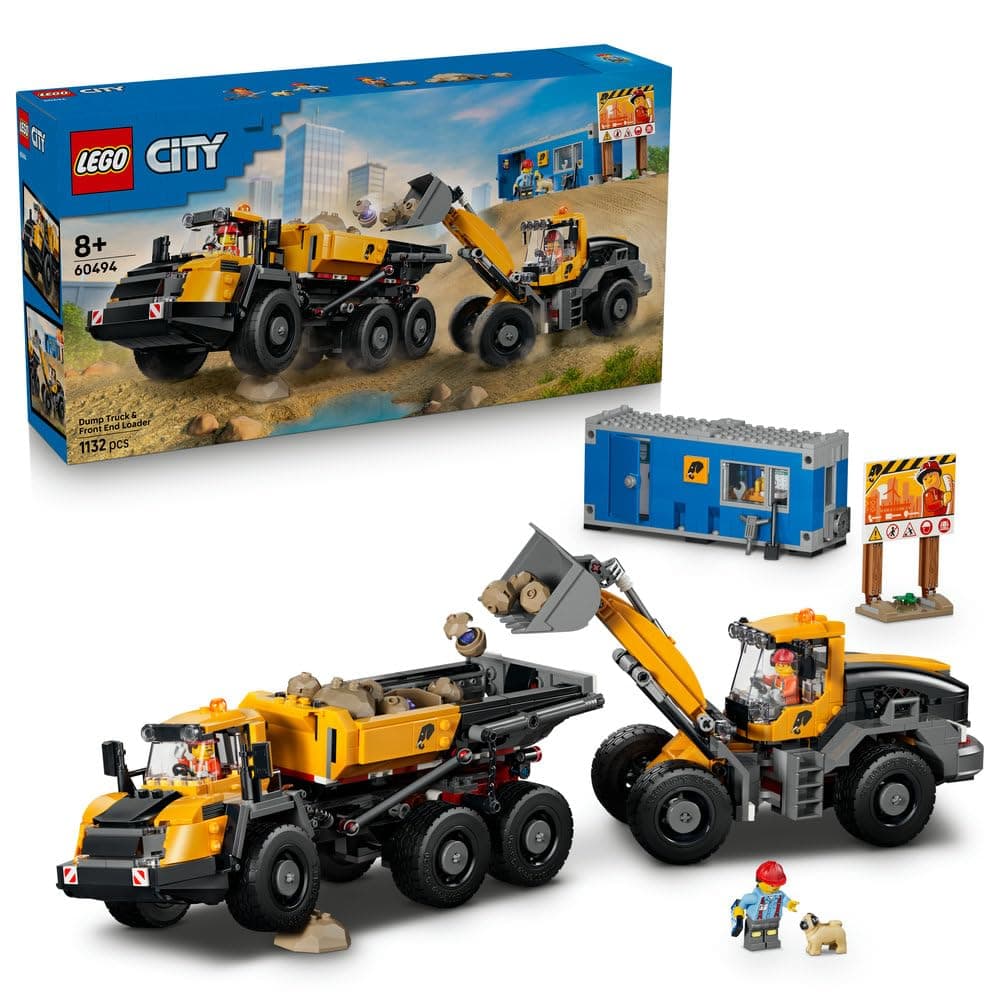 LEGO City Dump Truck & Front End Loader 60494 | Construction Vehicles Toy, Working Functions & 3 Minifigures, STEM Set, Gift for 8+ Year Old Boys & Girls, 1,132 Pieces