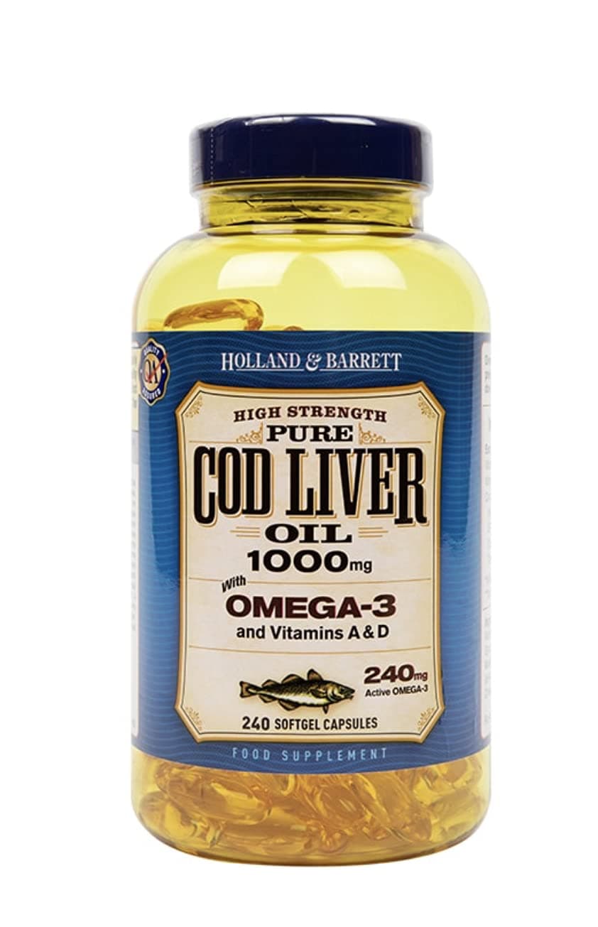 Holland & Barrett High Strength Pure Cod Liver Oil 1000mg With Omega-3 and Vitamins A&D - 240 SoftGel Capsules