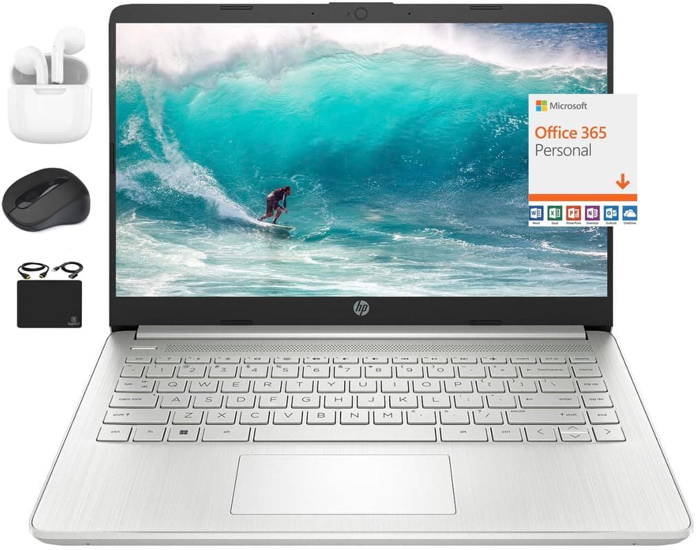 HP 2024 14" Laptop Notebook Thin Light Students Business, Quad-Core Intel N4120, 4GB RAM, 192GB (128GB eMMC+ 64GB Card), 1 Year Office 365, Webcam, WiFi, Windows 11S, HubxcelAccessory Silver