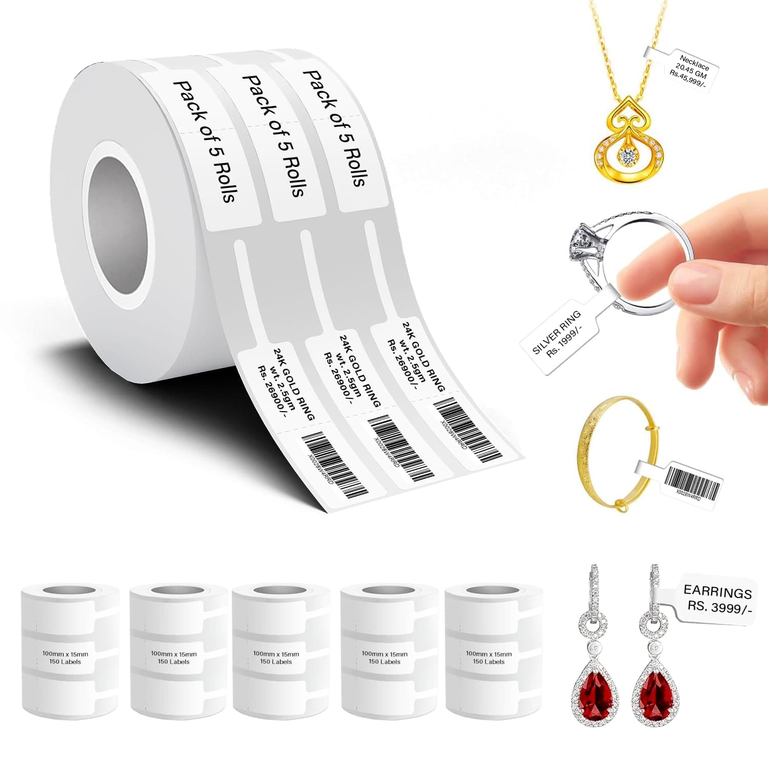 Seznik Jewellery Thermal Labels – 14.3mm x 100mm, Waterproof, Non Tearable, Direct Thermal, 150 Labels/Roll, for 2 to 4 Inch Printers, White, for Jewellery Tagging, 750 Labels