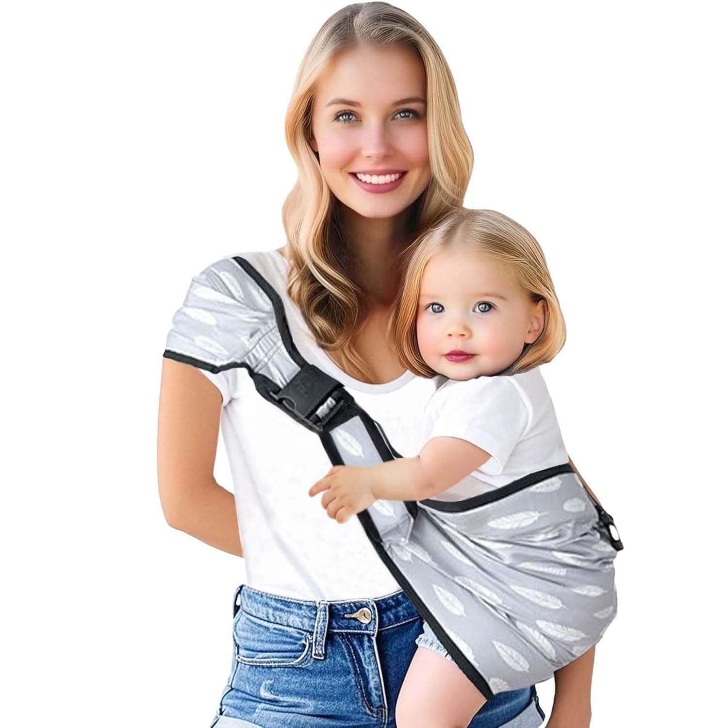 Baby Sling Carrier with Hip Seat, Azonee Adjustable Ergonomic Toddler Wrap for Newborns to 20kg, Safety Buckle & Padded Support for Daily Travel – Grey Feather