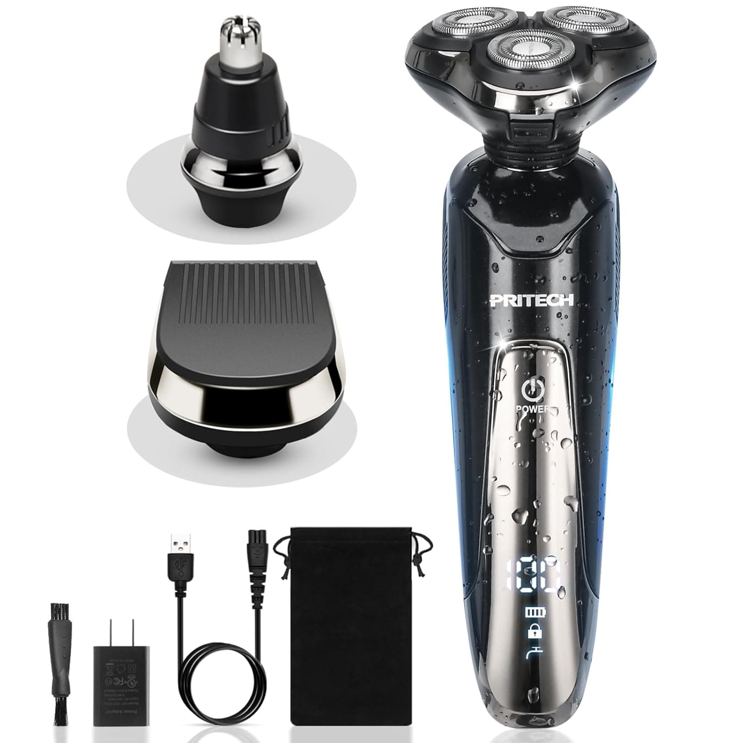 ماكينة حلاقة كهربائية للرجال من بريتيك - قابلة لإعادة الشحن، ماكينة حلاقة لاسلكية مقاومة للماء بدرجة IPX7 - استخدام جاف أو رطب، ماكينة حلاقة دوارة 3 في 1 لشعر اللحية والأنف والشارب- شحن بمنفذ USB