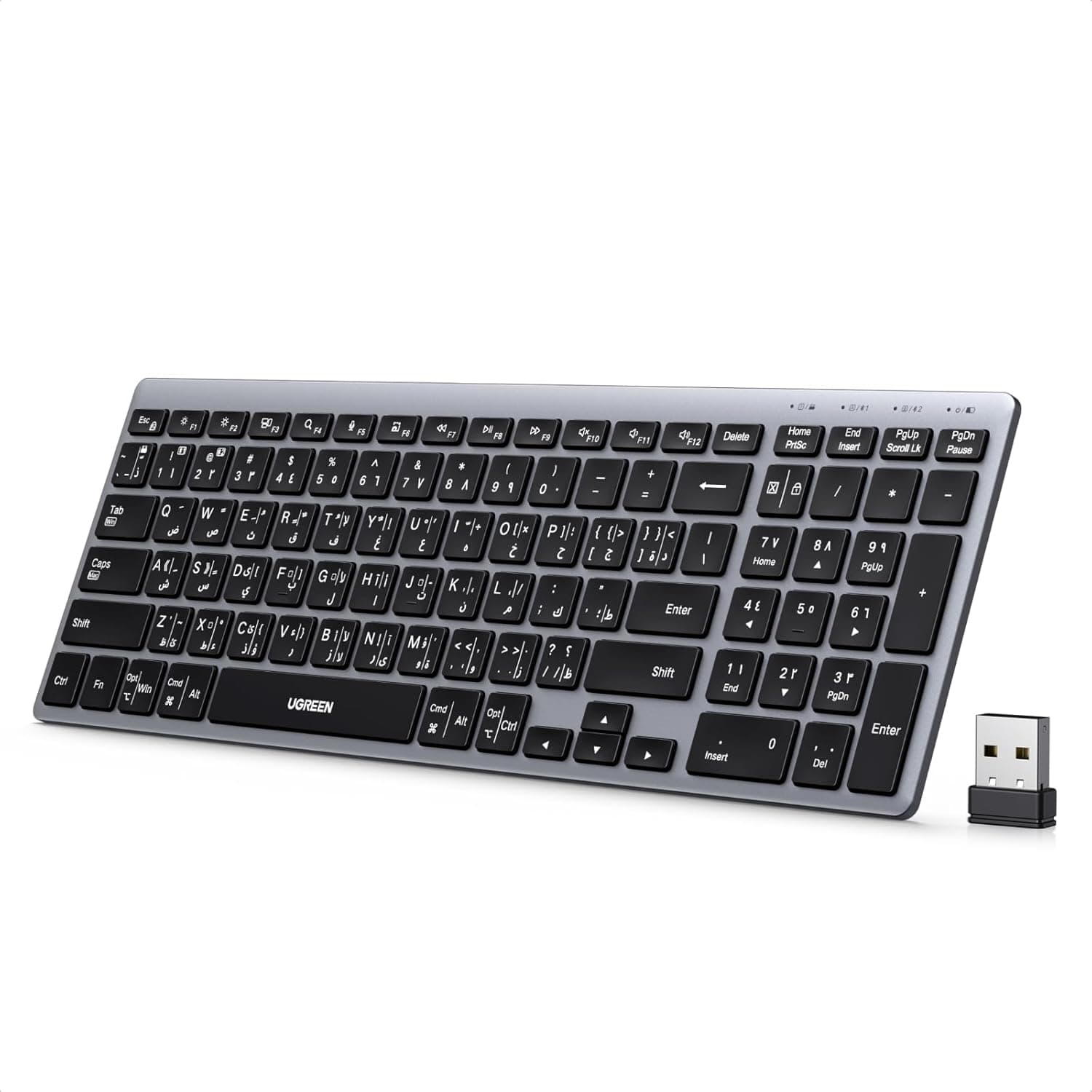 يوجرين لوحة مفاتيح لاسلكية، بلوتوث 5.4 و2.4 جيجاهرتز، قابلة لإعادة الشحن، 3 أجهزة وصامتة باللغتين الإنجليزية/العربية، عمر بطارية طويل، حامل قابل للتعديل، محمولة صغيرة الحجم لأجهزة ماك، آيباد، ويندوز