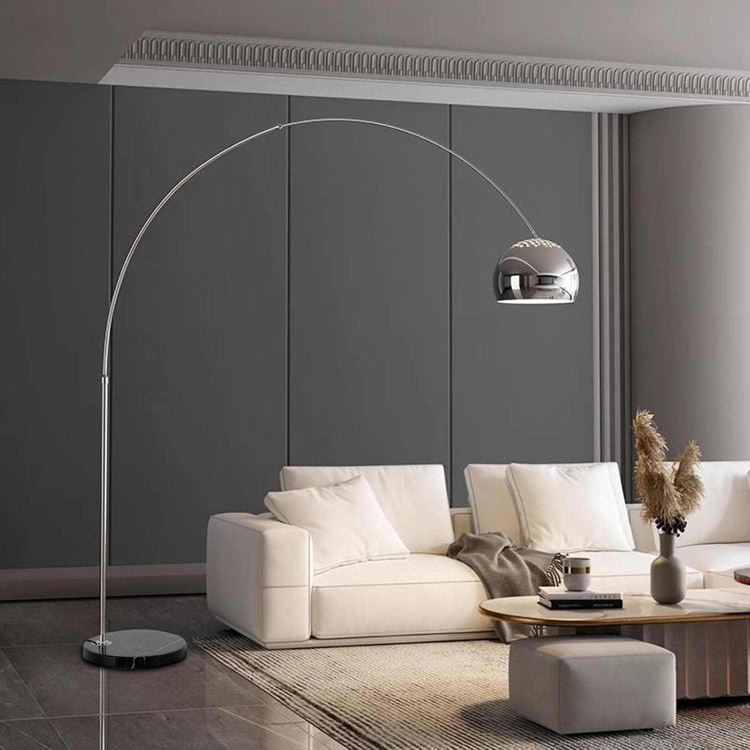 73" Arc Floor Lamp with Hanging Dome Shade, Marble Base Adjustable Over The Couch Tall Stand Up Light, Reading Standing Corner Lamp for Living Room,Recreation Room (Extended Edition - Silver)