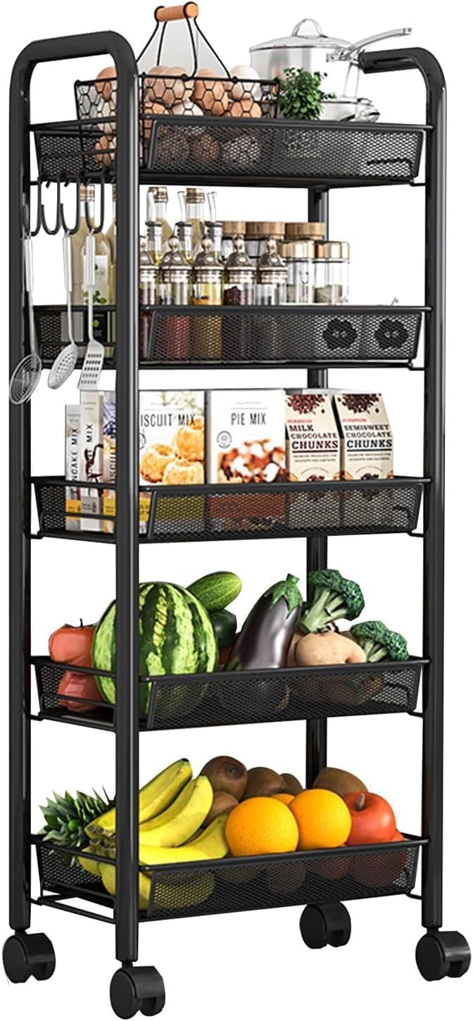 oydas Fruit Vegetable Basket Storage Cart 5 Tier Snack Cart Stackable Metal Mesh Vegetable Organizer with 360 Degree Wheels 41 Inch High for Kitchen Bathroom Pantry Organizers and Storage Black