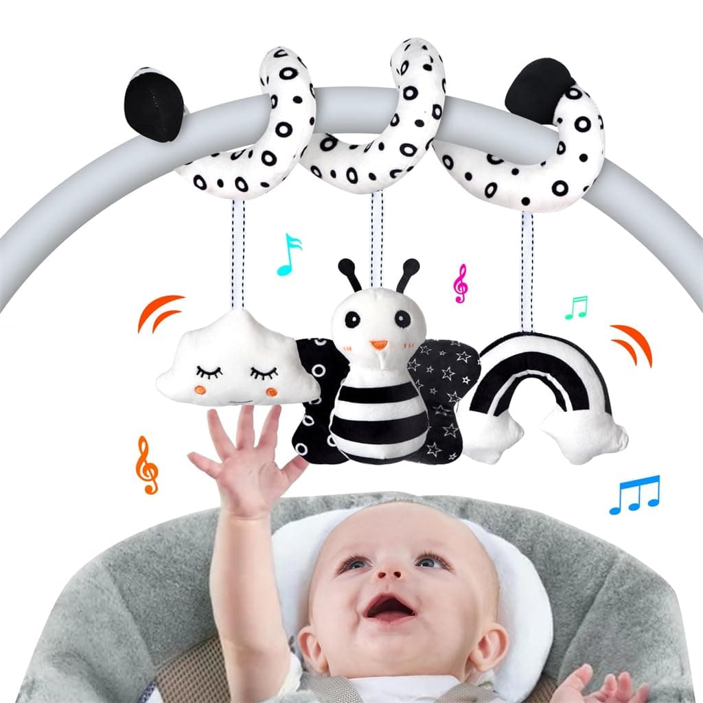 Spiral Car Seat Baby Toy, High Contrast Sensory Hanging Toy for Infants 0 to 12 Months, Stroller Accessory with Cute Bee Design, Newborn Shower Gift and Baby Essentials for Boys Girls