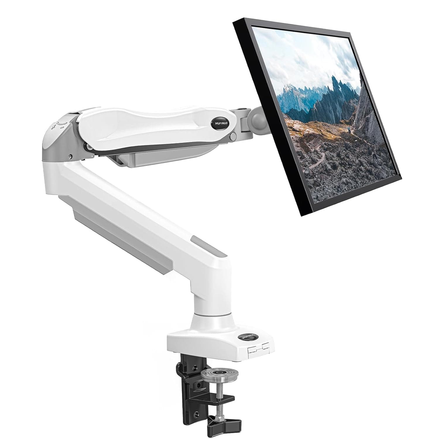 HUANUO Single Monitor Arm, 13 to 32 Inch White Monitor Mount, Adjustable Arm Fits 19.8lbs Computer Screens, 75 & 100mm Vesa Mount with Clamp and Grommet Base