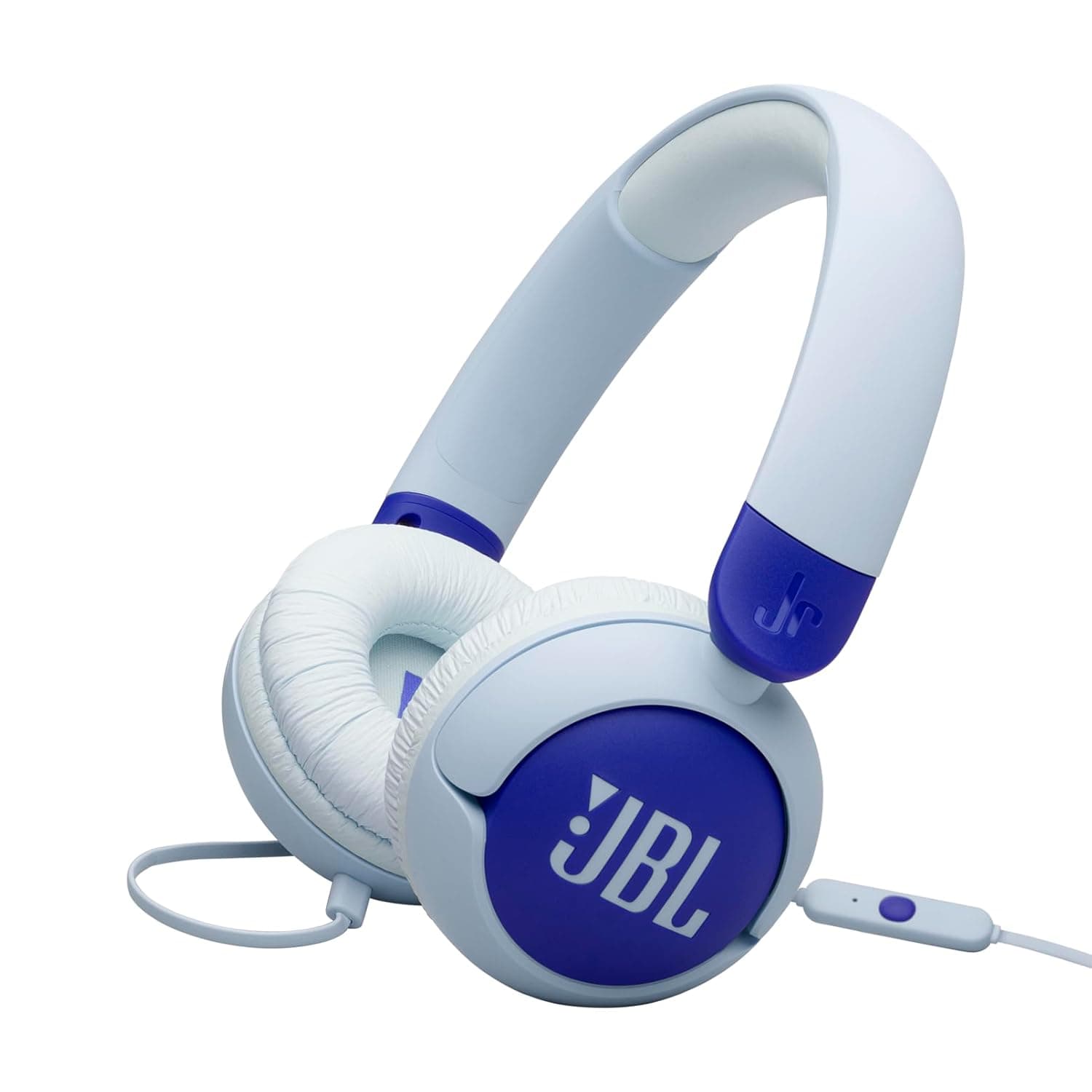 JBL Junior 320, Wired On-Ear Headphones for Kids with Built-In Mic, JBL Safe Sound, Low Volume, 12 mm Thick Soft Pad and Sticker Set, Ultra-Portable Design, Blue