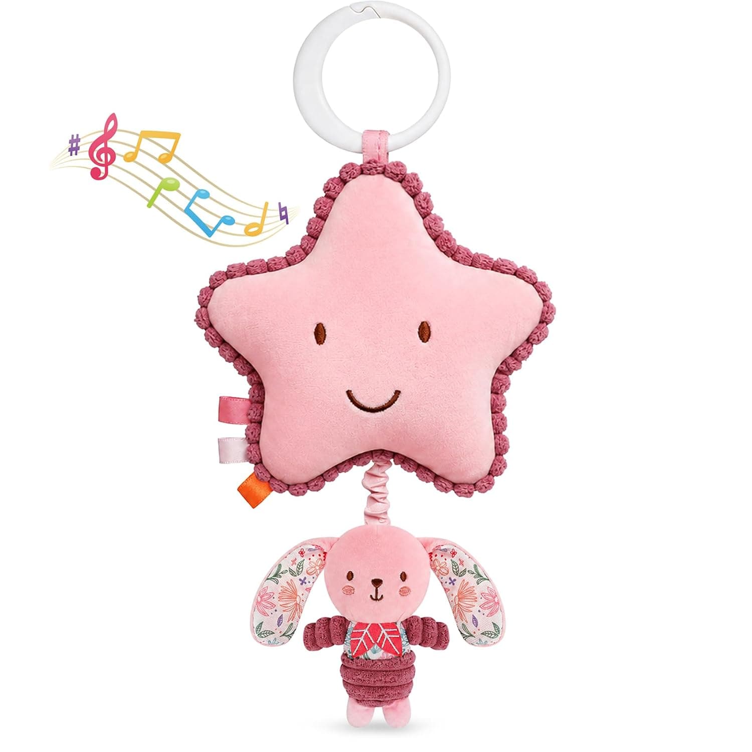 TSYAN Baby Musical Pull String Hanging Toy - Hanging Car Seat Toys with Round-Clip for Crib & Pram - Soft Pink Star Stuffed Animal Newborn for Girls 0-6-12 Months