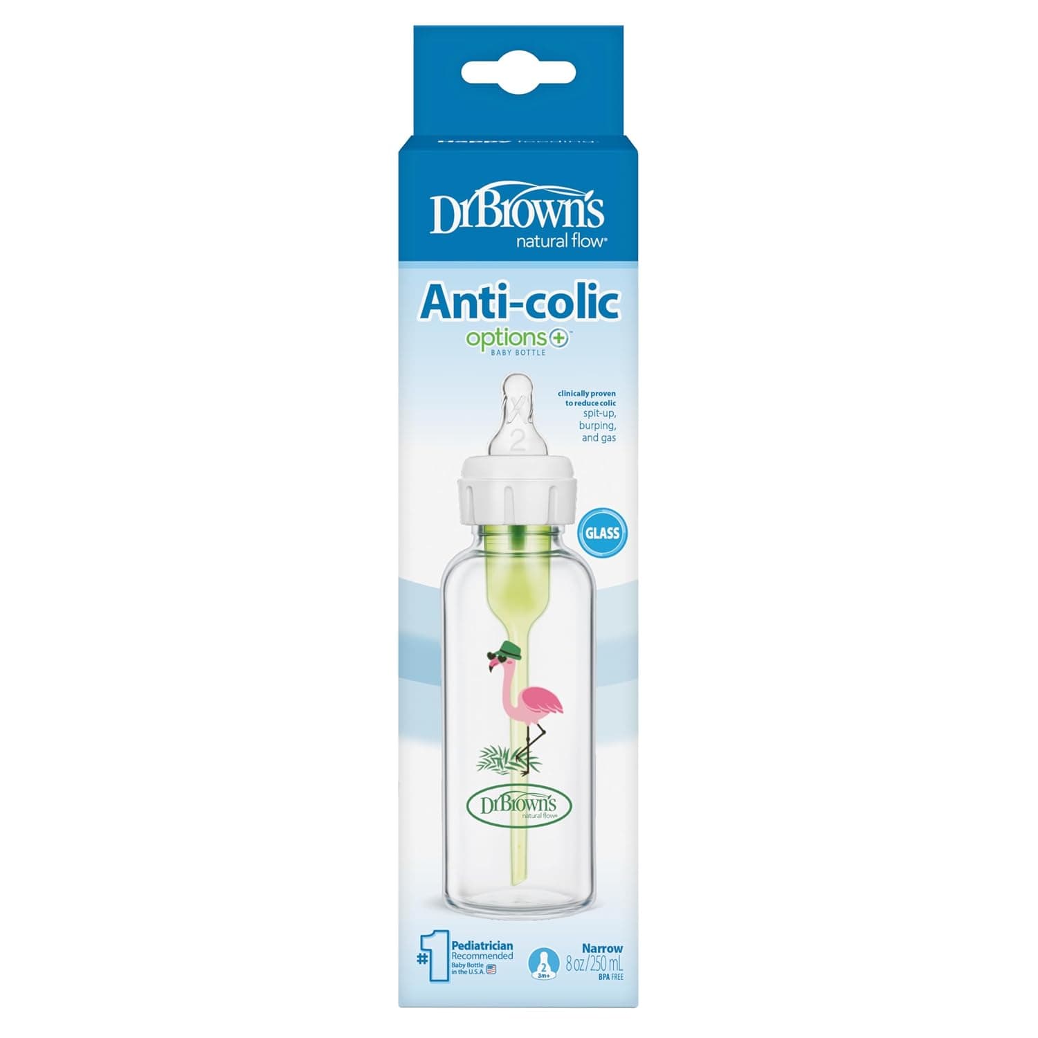 Dr Browns Narrow Neck Options and Feeding Glass Bottle with Flamingo Deco with L2 Nipple, 250 ml Capacity