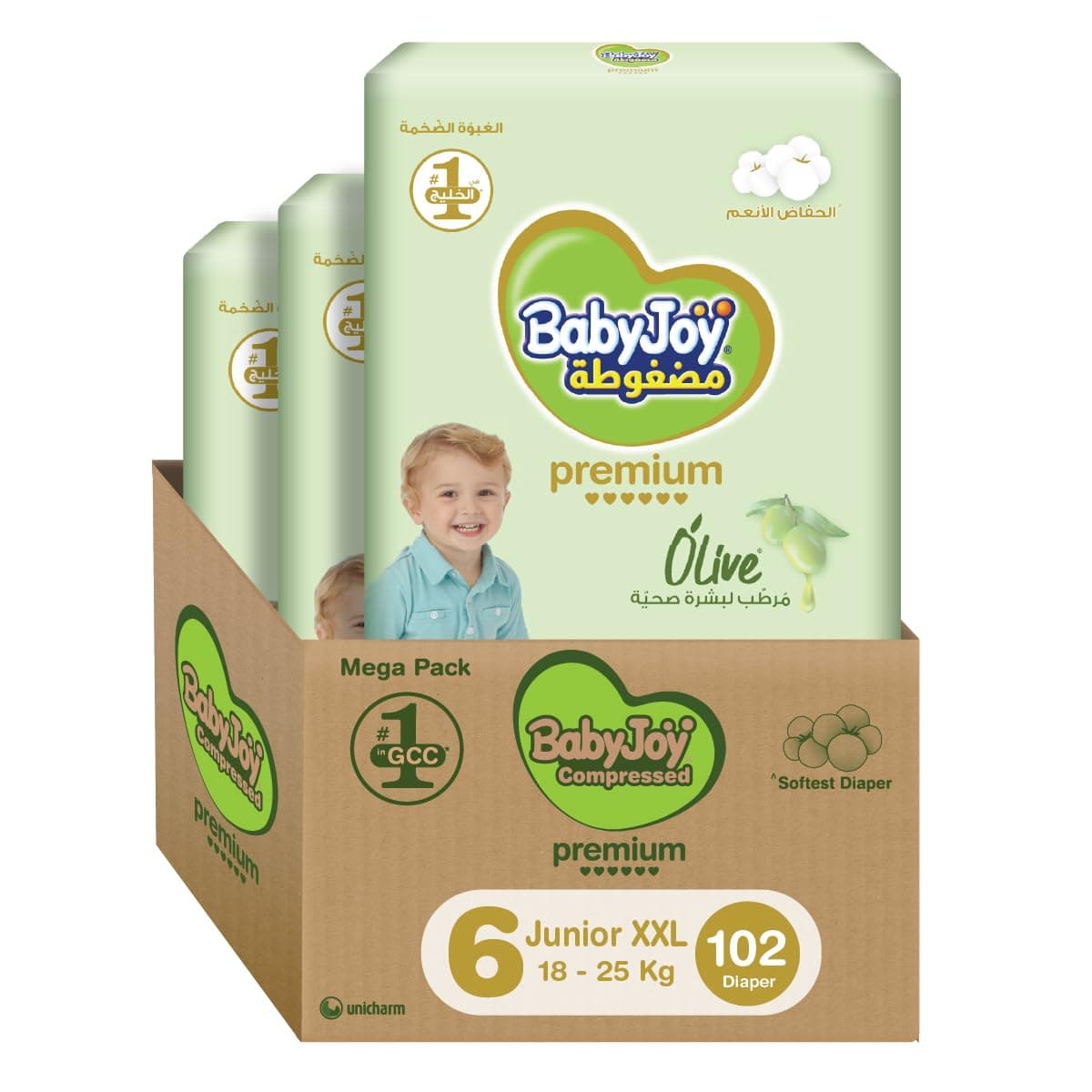 BabyJoy Olive Tape Diaper, Size 6, Junior XXL, 16-25 Kg, Mega Box, 102 Diapers