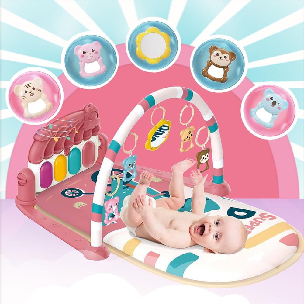 Baby Play Mat Baby Gym,DMG Piano Tummy Time Babys Activity Gym Mat with 5 Infant Learning Sensory Child Toys, Music and Lights Boy & Girl Gifts for Newborn Babys 0 to 3 6 9 12 Months (Pink)