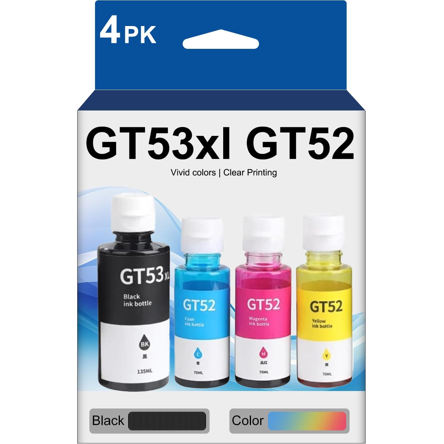 GT53XL GT52 Ink Bottle (Black/Cyan/Magenta/Yellow, 4 Pack) for HP GT53XL 135ml GT52 70ml Ink for Tank 319 410 419 Smart Tank 500 502 508 511 514 515 518 538 571 615,Prints Up to 6,000 Pages