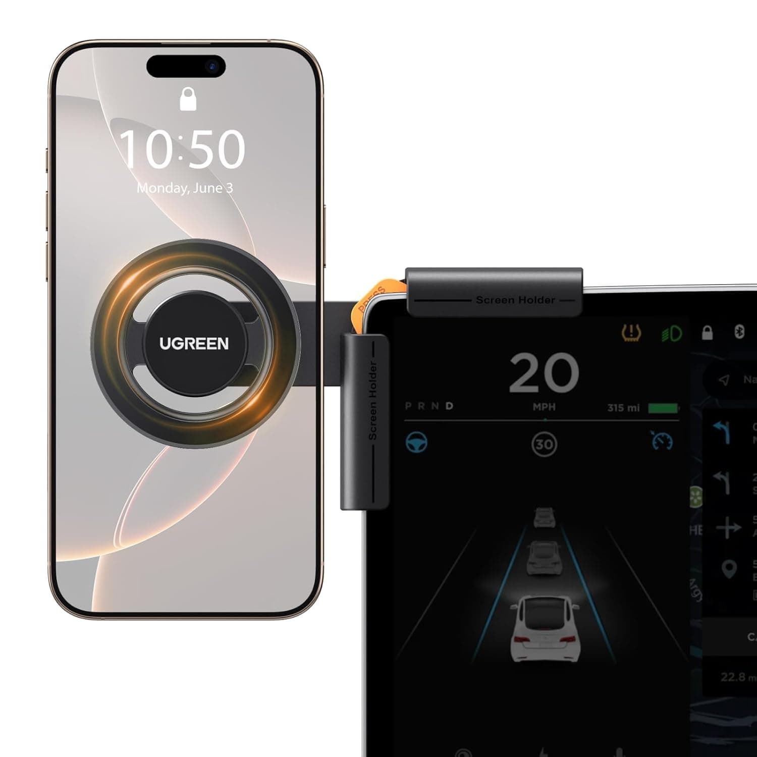 يوجرين حامل موبايل للسيارة لتيسلا ماج سيف [18 مغناطيس قوي] [دوران 360 درجة] [قفل بنقرة واحدة]، حامل موبايل لتيسلا، مناسب لايفون 17/16/15/14، سامسونج S25/24/23