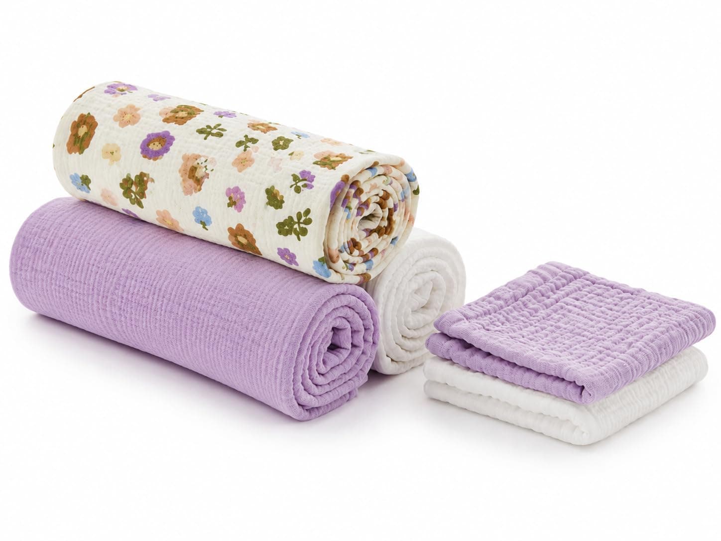 RILIHO 5 Pack Muslin Swaddle Blankets & Baby Burp Cloths, Soft & Breathable Cotton Baby Blankets, Receiving Blankets for Newborn, Nursery Infant Essentials, Swaddling Wrap for Unisex (Purple & White)