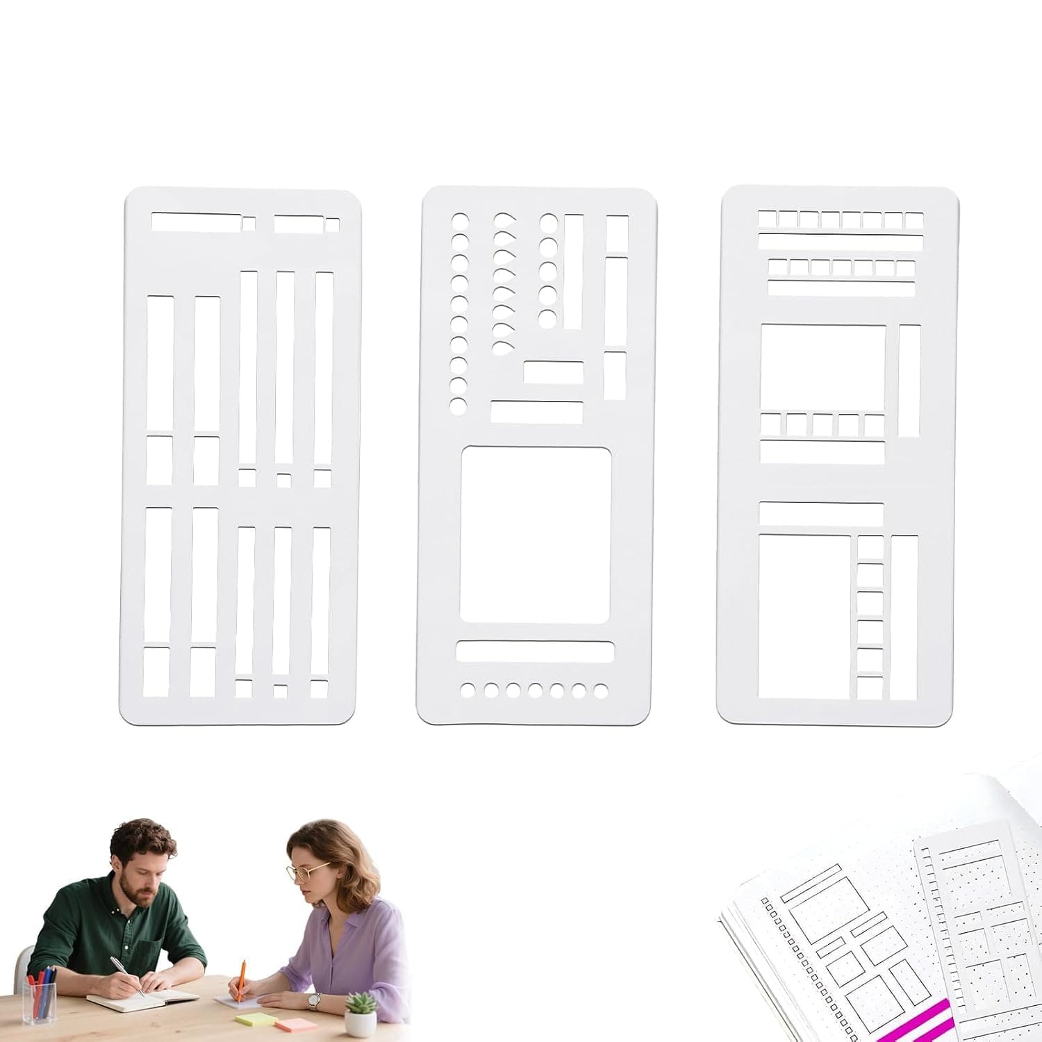 Handmade Flexible Stencil Set, Planner and Drawing Templates for Dot Grid Journals, Checklist, Lettering, DIY Craft Supplies, Journaling Accessories, 3-Pack