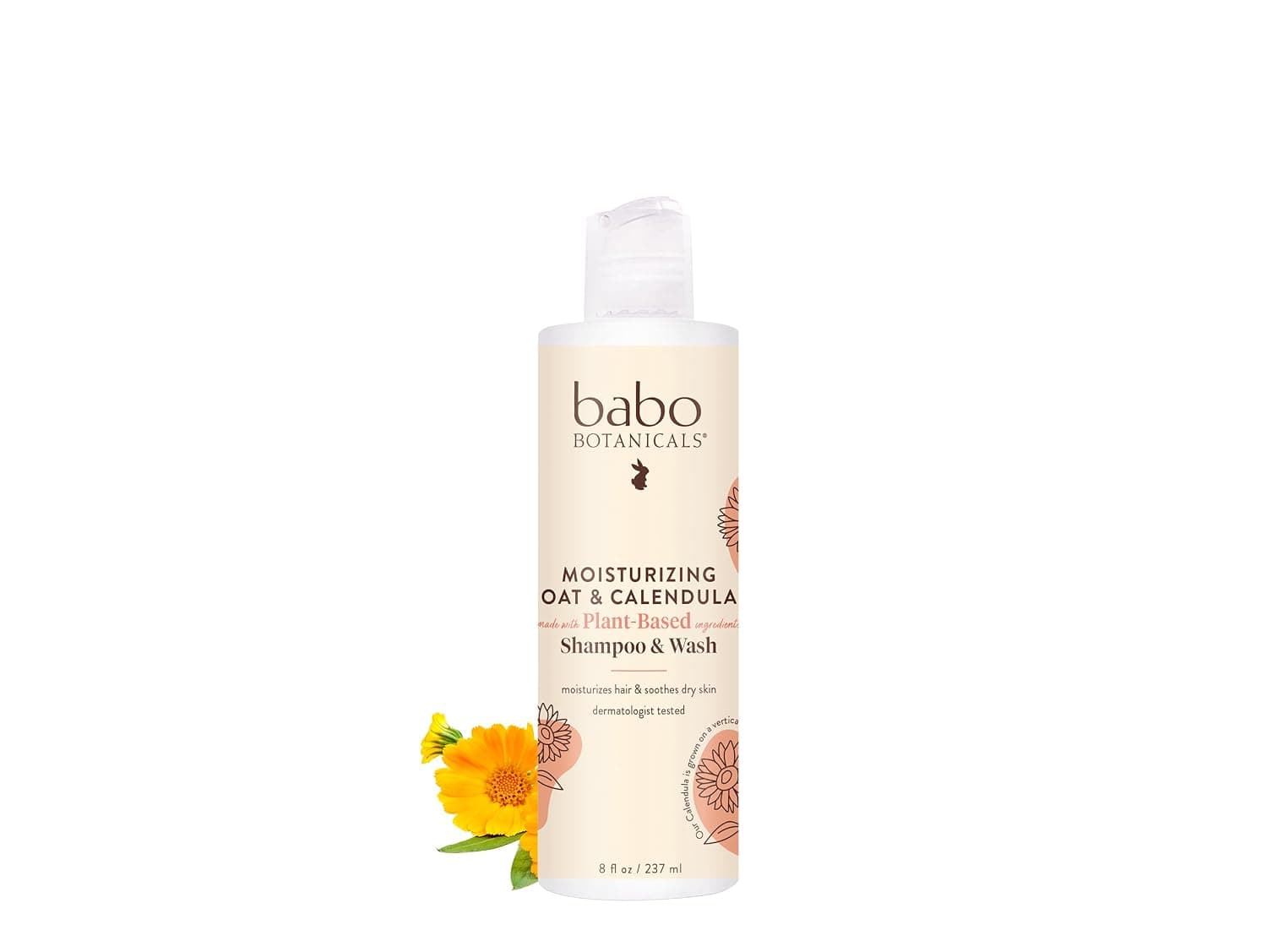 Babo Botanicals Moisturizing Plant-Based 2-in-1 Shampoo & Wash - with Organic Calendula & Oat Milk - For Babies, Kids & Adults with Sensitive or Dry Skin & Scalp - Hypoallergenic & Vegan - 8 fl. oz.