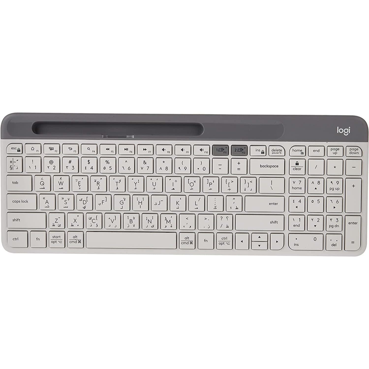 كيبورد لوجيتك بتقنية بلوتوث و يو اس بي طراز K580 سليم بروفايل باللون الأبيض متوافق مع الهواتف الذكية يدعم اللغة العربية