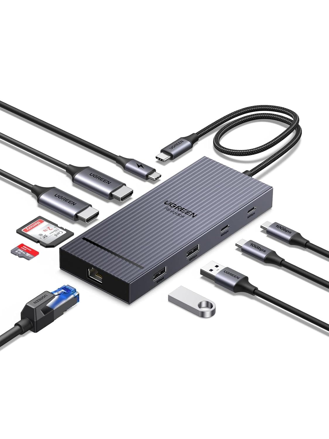 يوجرين قاعدة شحن برو USB C من ريفودوك 10 جيجابت في الثانية محطة مزدوجة 1 شاشة HDMI 4K@60Hz منافذ بيانات USB-C وUSB-A 100 واط بي دي ايثرنت SD / TF للابتوب اتش ثينك باد، أخضر