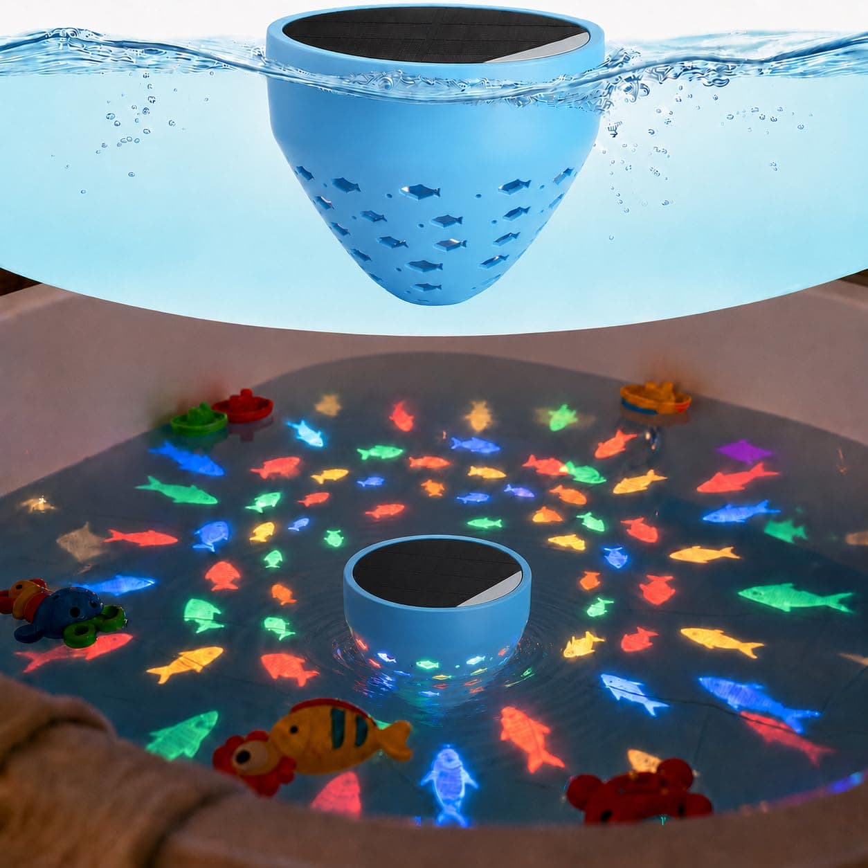 Waterproof Bathtub Light for Kids, Solar Powered Fish Bath Lights for Tub & Bath Time, Color Changing Mood Lighting with Fish World Light Show