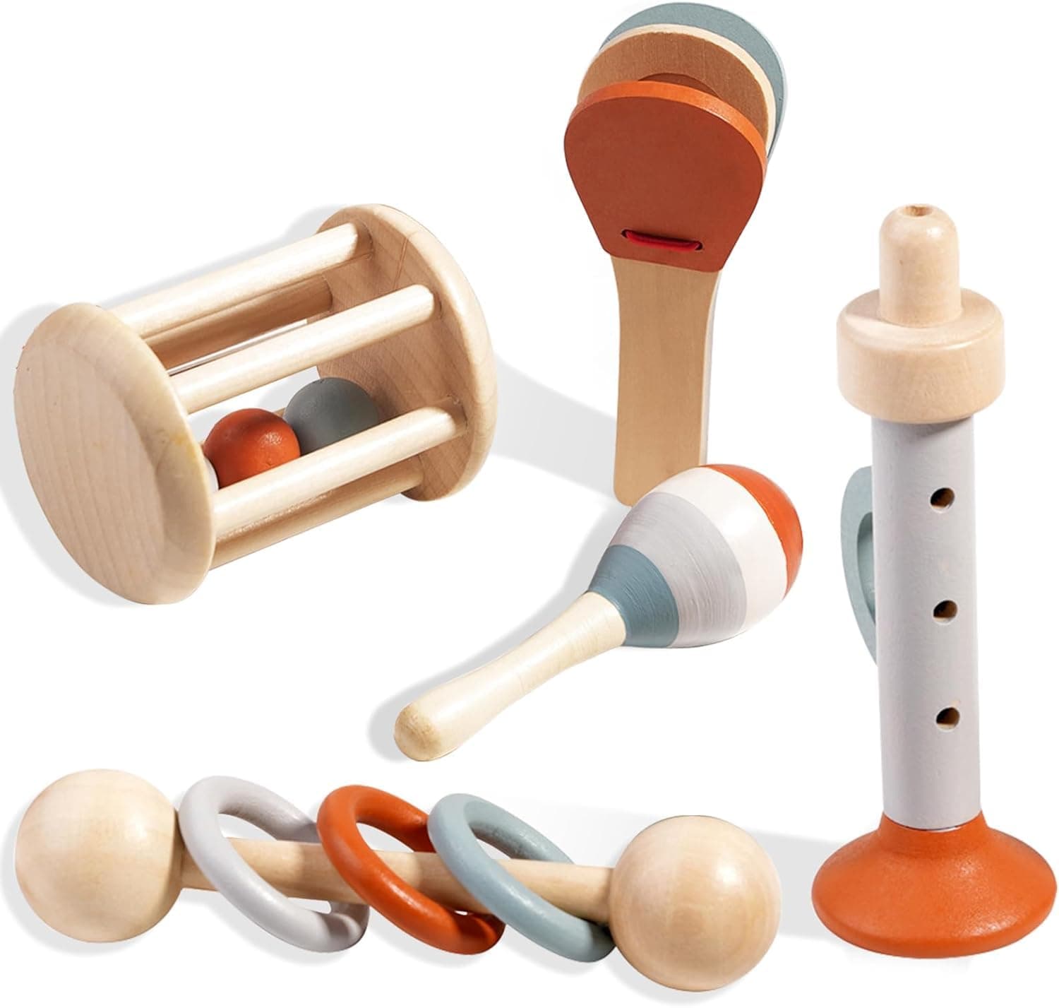 Soofam Montessori Toys for Baby, Baby Rattle Toys Set, 5pcs Wooden Music Alinstrument Toys with Trumpet, Maracas, Castanets, Three-Ring Rattle, Cage Rattles, Birthday Gift for Boys Girls